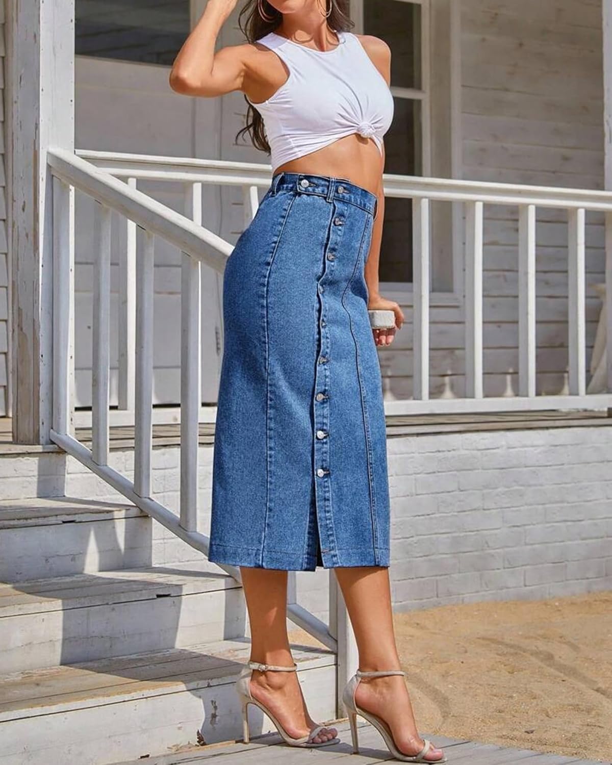 Women's Casual Split Denim Midi Jean Skirt Stretch High Waisted Button Up with Side Slit - Image 2