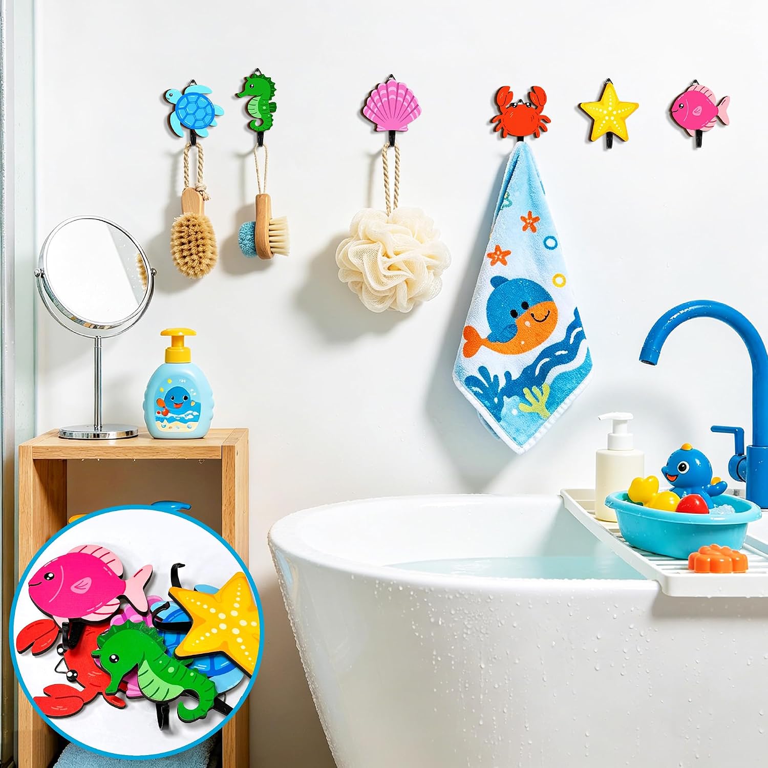 Ocean Animal Coat Hooks Cute Kids Towel Hooks Ocean Nursery Decor Wall Mounted Rack Hanger Sea Life Wooden Wall Mount Hanging Clothes Hook for Bathroom Key Backpack Hook Holder