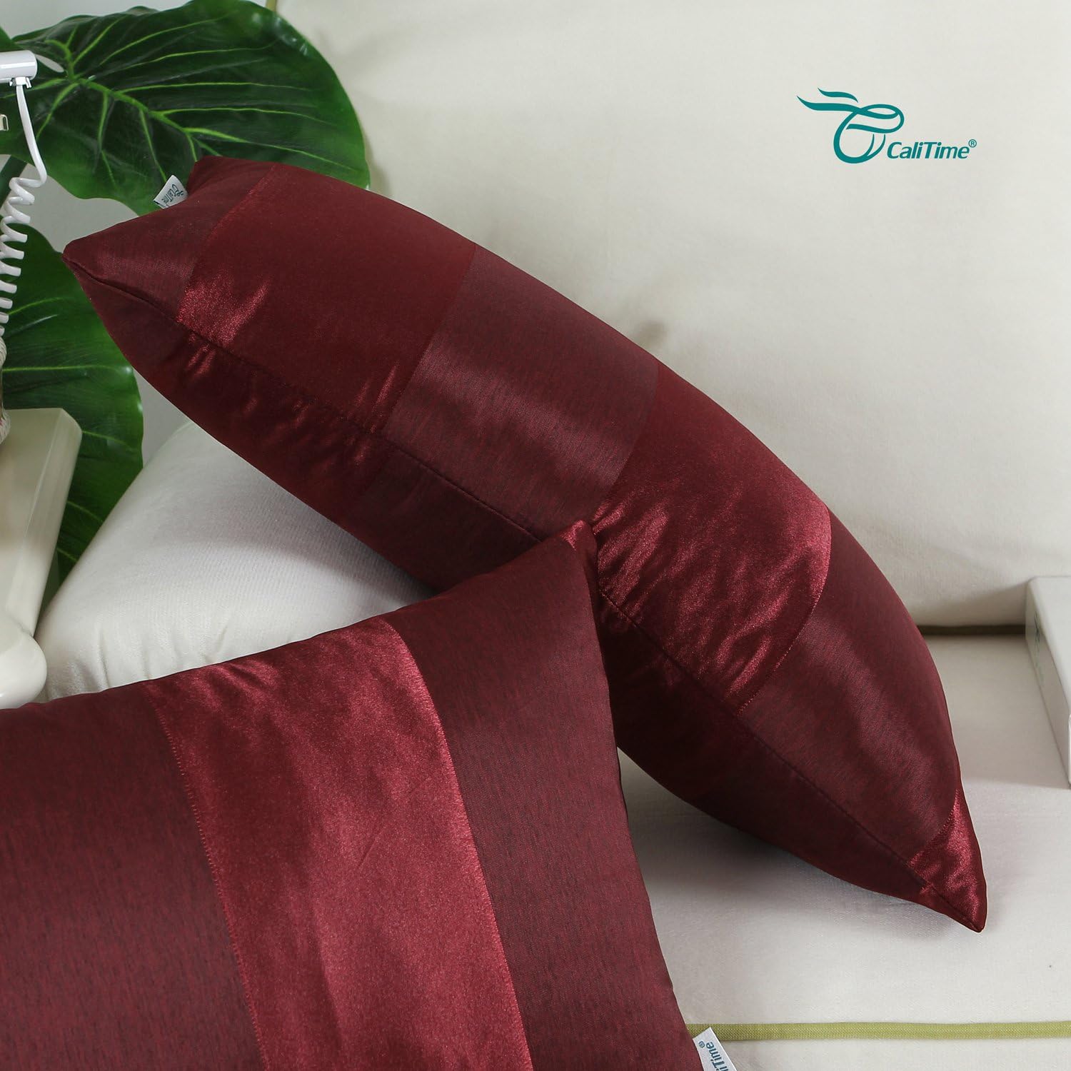 CaliTime Pack of 2 Cushion Covers Pillow Cases Shells for Couch Sofa Home Decoration Modern Shining & Dull Contrast Striped 12 X 20 Inches Burgundy