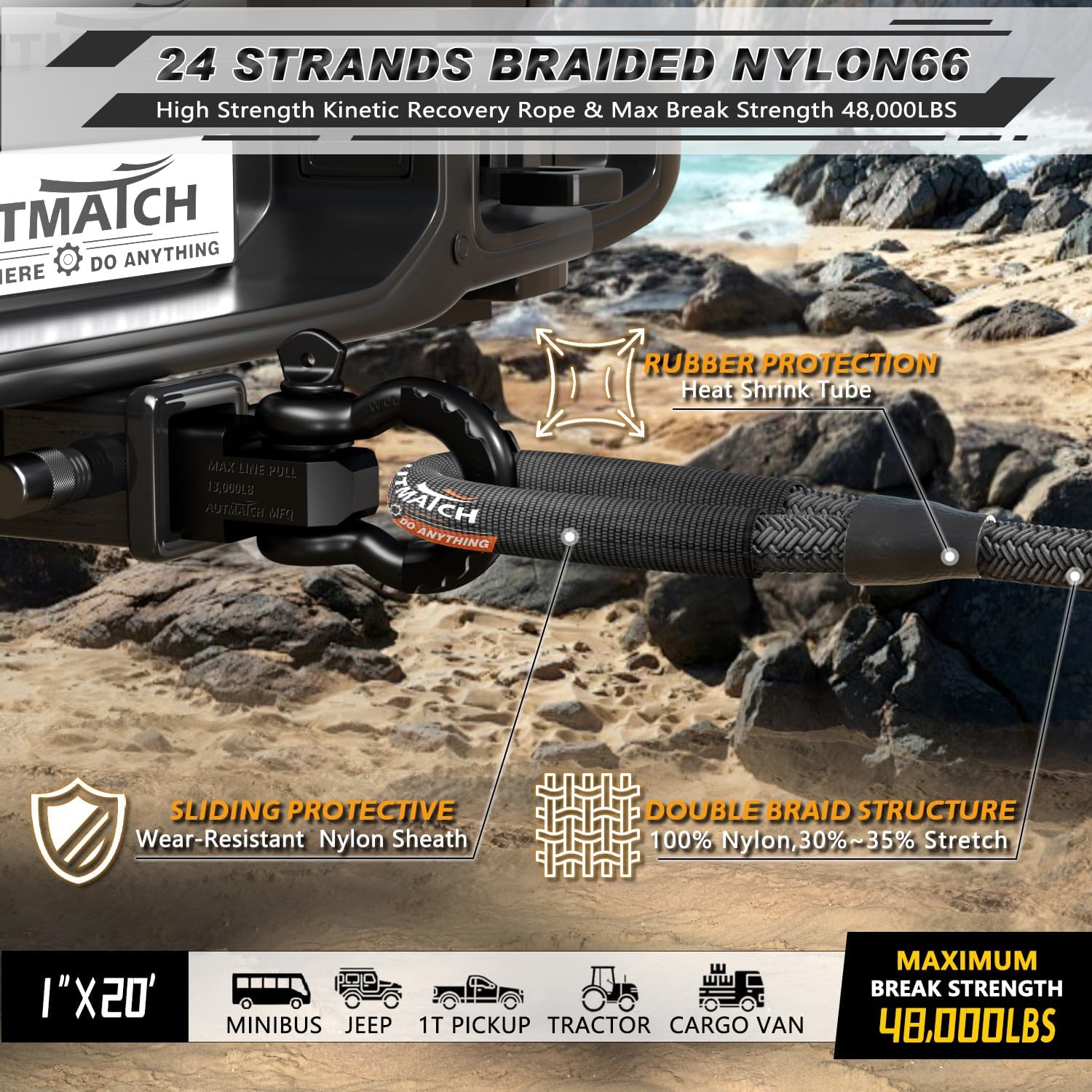 AUTMATCH Kinetic Recovery Tow Rope 1" x 20FT with 3/4" D Ring Shackle, Heavy Duty Offroad Snatch Strap 48000Lbs for 4x4 Off-Road Vehicle, Truck, Trailer, ATV, UTV, Matte Black