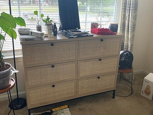 Miniatura 10 de Yechen Cómoda moderna de 6 cajones con cajones de ratán natural, doble cómoda de madera industrial para dormitorio con patas de acero resistentes,