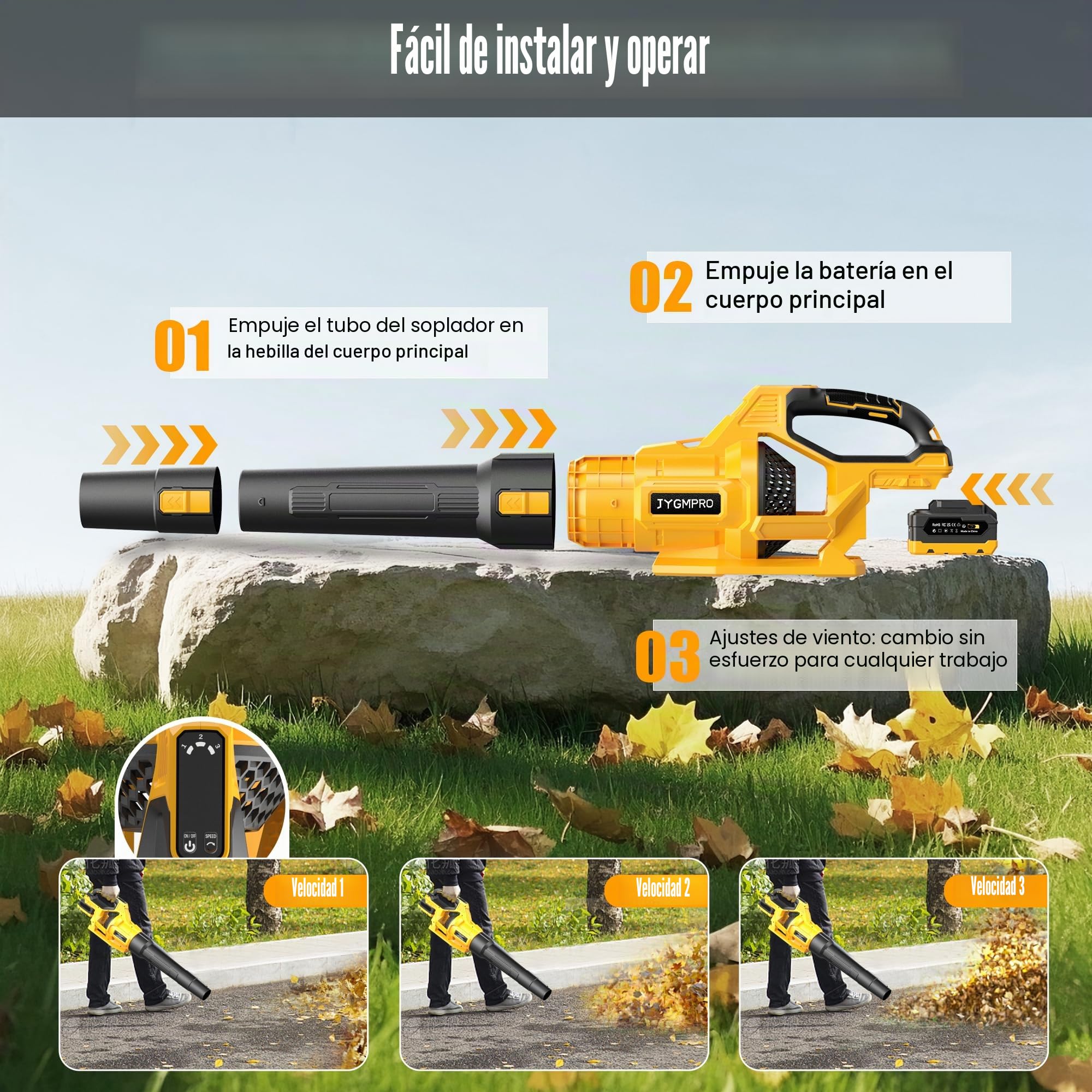 Soplador de Hojas, 21V Soplador Bateria con 2 Baterias 4.0Ah, 3 Ajustes de Velocidad, 2 Tubos de Soplado, Correa para el Hombro para Soplar Hojas, Nieve, Polvo y Residuos