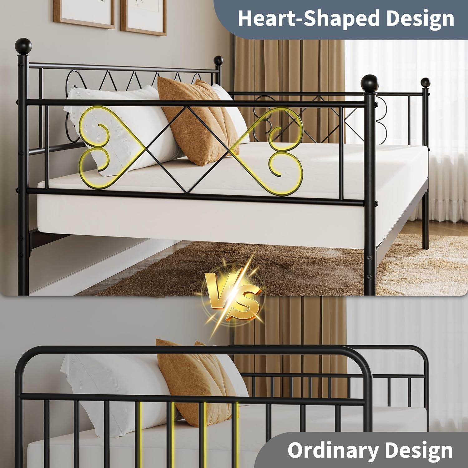 Daybed without Trundle, Trundle Bed Twin with Heart-Shaped Headboard, Sturdy Metal Sofa Bed, Heavy-Duty Metal Bed Frame Support, for Living Rooms, Bedrooms, and Guest Rooms, Easy Assembly, Black