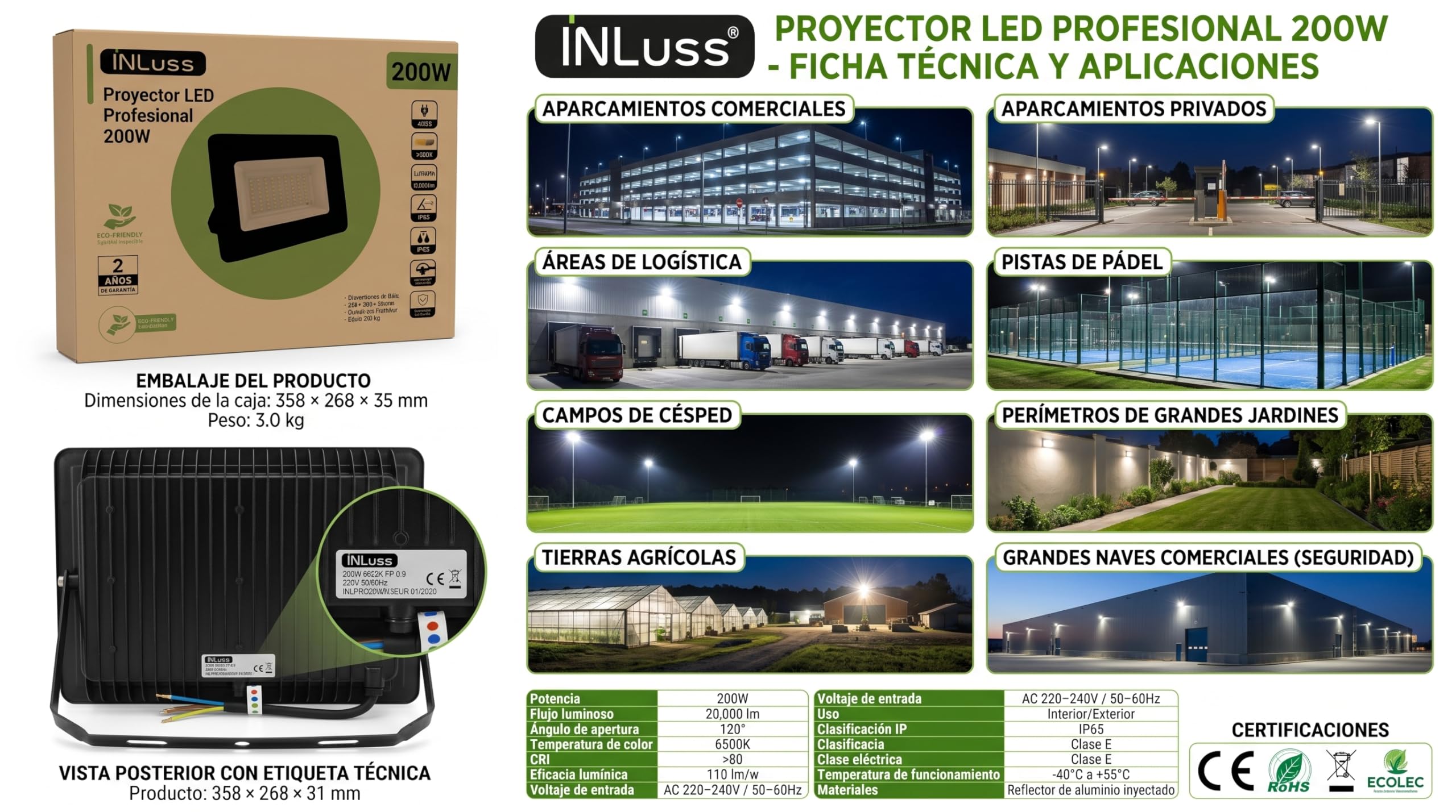 Foco LED Exterior 200W Pack 4, Proyector LED IP65, 20000 Lúmenes Blanco Frío 6500K, Certificado CE con Informe de Laboratorio, para Pista Pádel Parking Nave