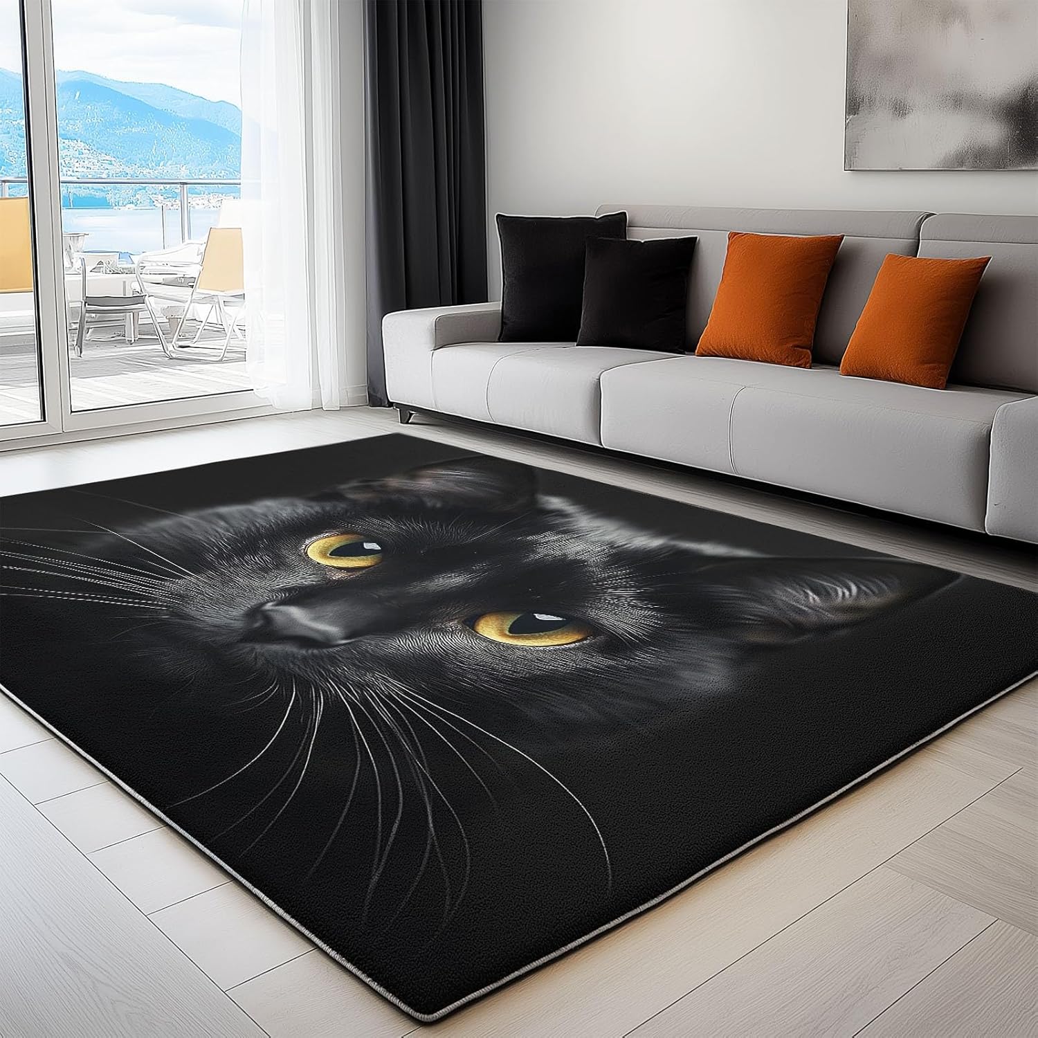Black Cat Area Rugs Machine Washable for Living Room Bedroom, Large 5x7 Ft Non-Slip Floor Carpet, Black Low Pile Area Rugs Indoor for Kitchen Dining Room Office Home Decor
