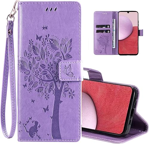 Funda tipo cartera para Samsung Galaxy A14 5G, diseño de gato de árbol del amor en relieve, de piel sintética, con correa para la muñeca, tarjetero