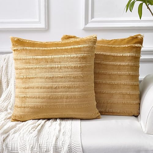 Juego de 2 fundas de almohada bohemias de franela a rayas suaves de felpa sintética, cuadradas, decorativas, para sofá, sala de estar, 18 x 18 disponible en Yaxa Peru