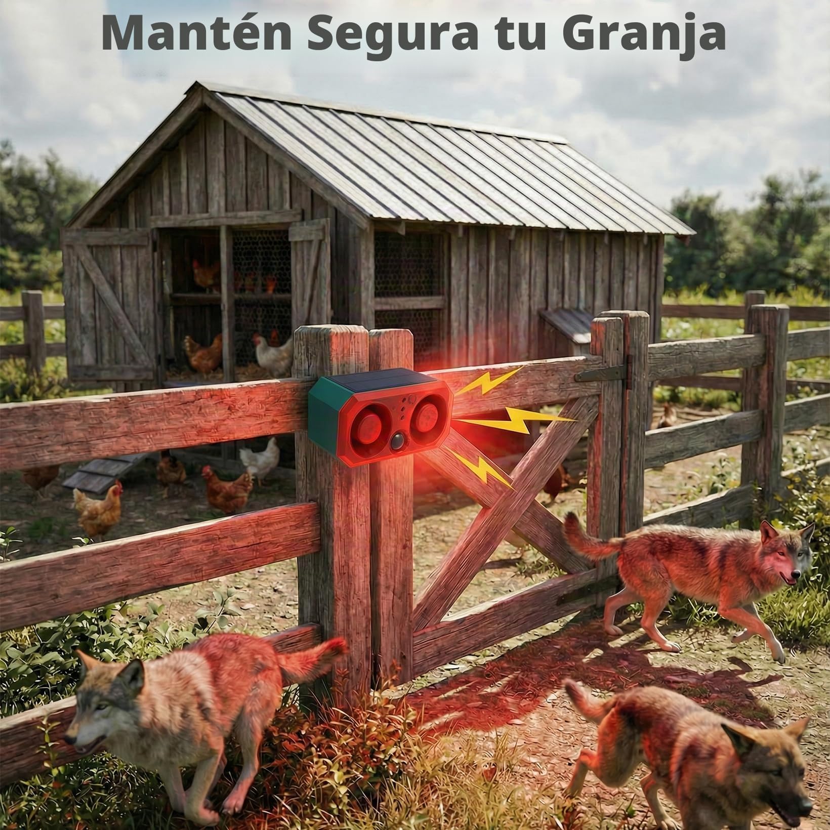 Alarma Solar con Sensor de Movimiento al Aire Libre: disuasorio de Coyotes de 130 dB, Sonido de bocinas duales, luz de Movimiento y Control Remoto, disuasorio de Animales para Patio, Granja