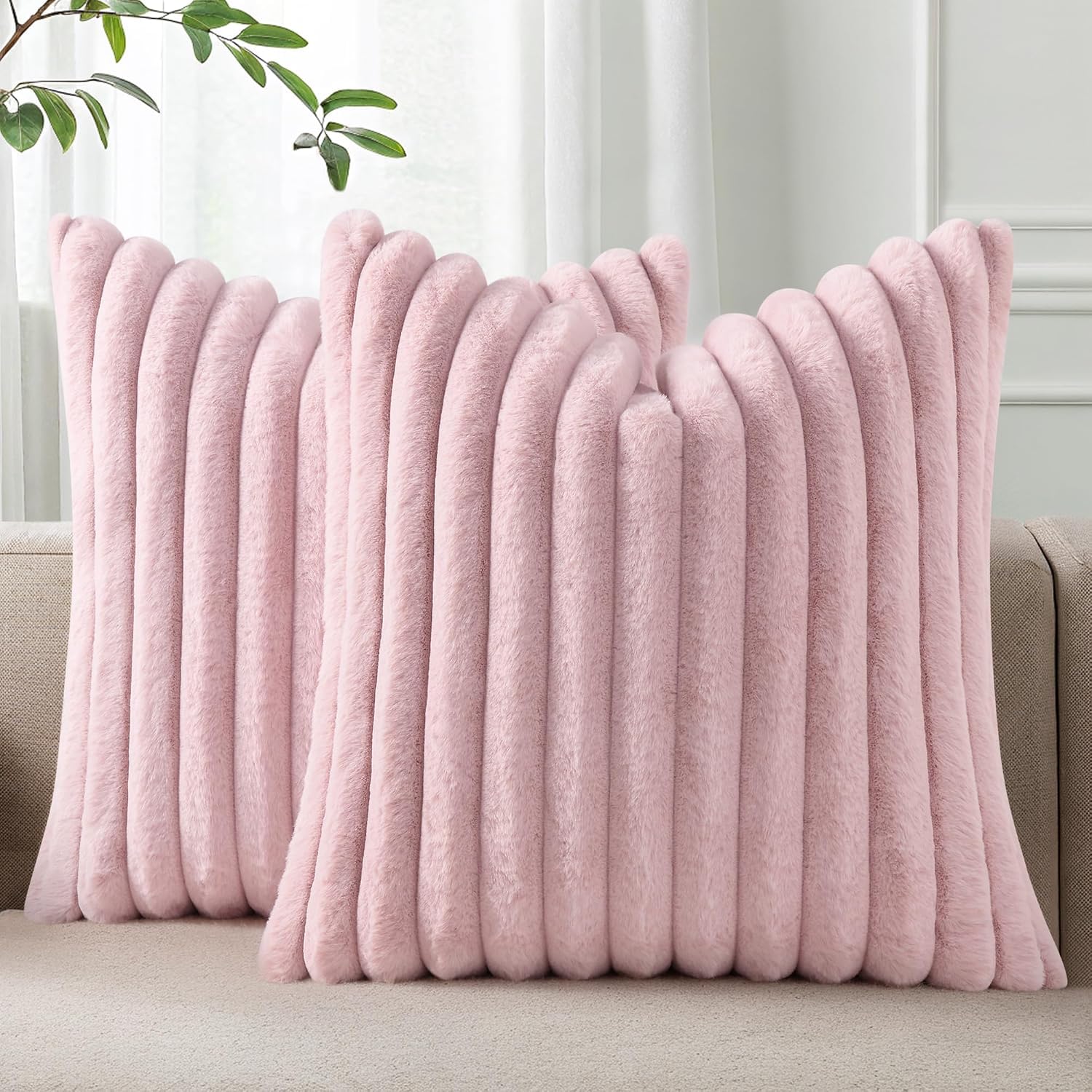 Homaxy Faux Fur Cushion Covers 40x40cm Set of 2, Pink — image 1
