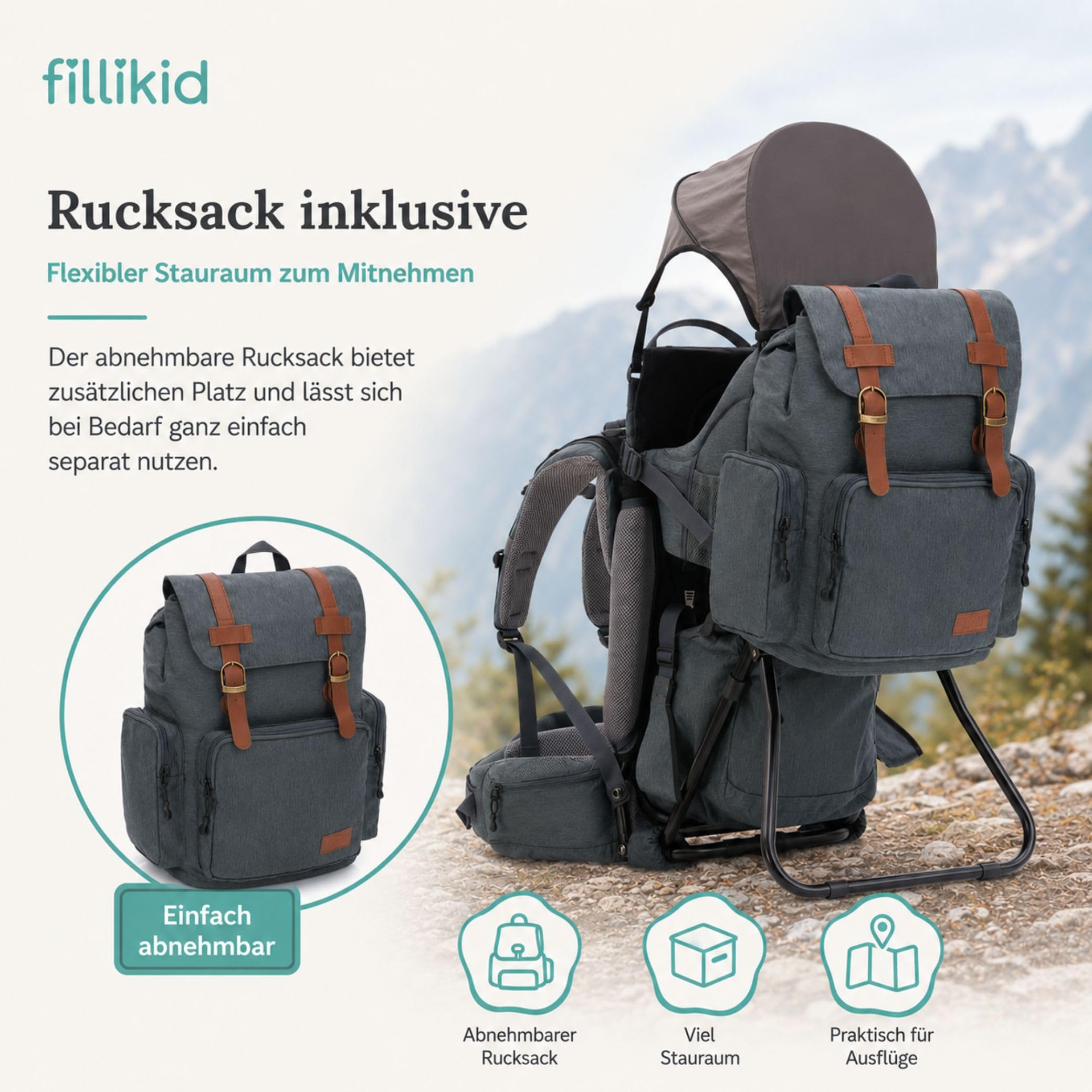 Fillikid Premium Babytrage Rückentrage Baby | Rücken Babytrage mit Sonnendach & großen Staufächern | Kraxe zum Wandern mit Baby Kleinkind | Tragesitz bis 20 kg | Kindertrage Ultra leicht
