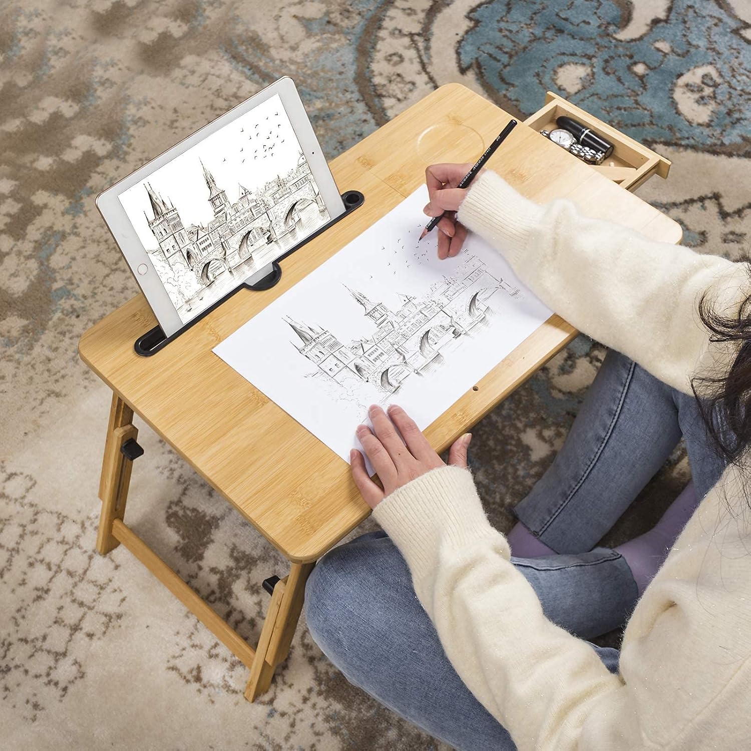 Suреr Bіg Clеаrаnсе! Laptop Desk with Folding Legs for Bed and Sofa ,as Breakfast Serving Tray /Multi Function Table/ Floor Desk with Storage Drawers,Multi-Position Adjustable Tilt Surface for 13-14 Inch Notebook Lіmіtеd Stосk Laptop Desk with Folding Legs for Bed and Sofa ,as Breakfast Serving Tray /Multi Function Table/ Floor Desk with Storage Drawers,Multi-Position Adjustable Tilt Surface for 13-14 Inch Notebook