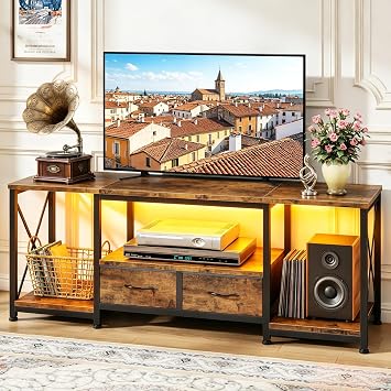 TV Stand for 55 inch TV with 2 Fabric Drawers, Industrial Entertainment Center with Open Shelves and Led Lights for Living Room Bedroom