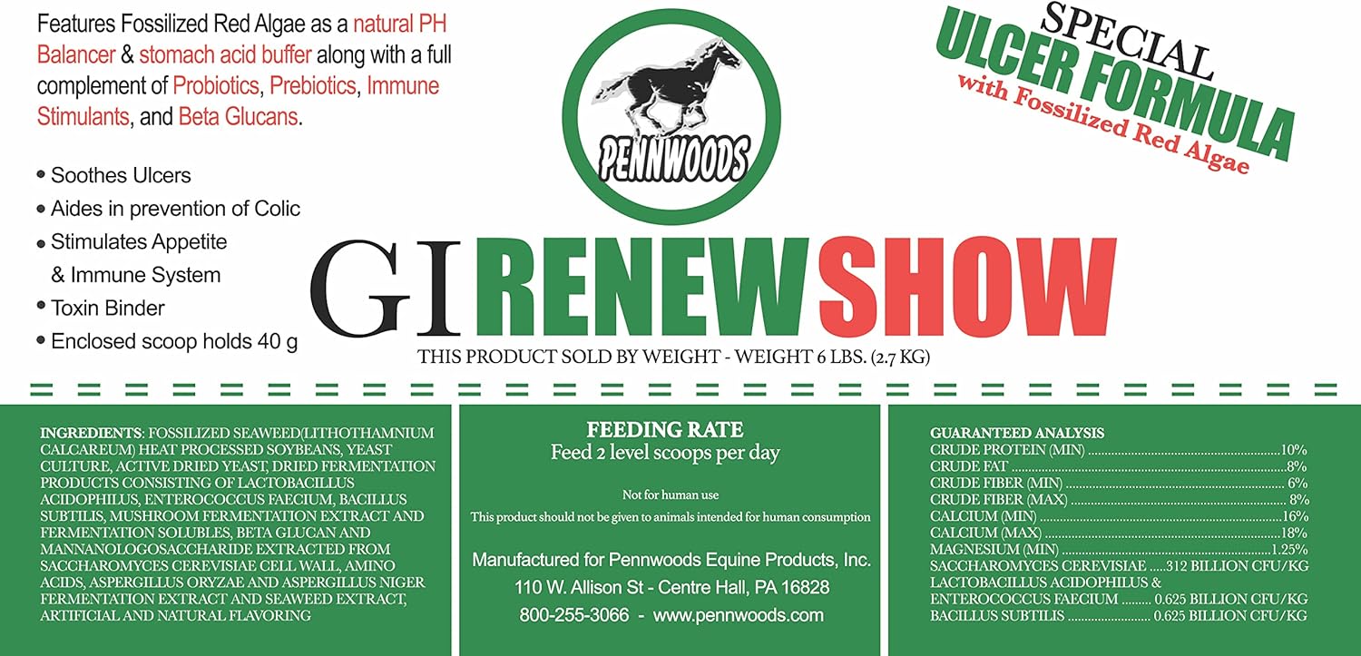 Pennwoods GI Renew Show, Probiotics for Equine, Immune and Appetite Stimulation, Prebiotics, Digestive Enzymes | Horse Supplement Providing Ulcer Relief and Treatment, Organic Toxin Binder, 6 LB Bag : Pet Supplies