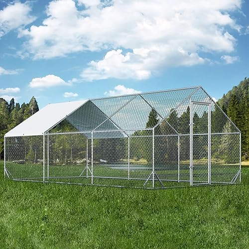 Large Metal Chicken Coop with Run Walk-in Poultry Cage Chicken Runs House Pen Cage Spire Roofed Chicken Coops with Anti-Ultraviolet Cover for Outdoor Yard Farm Use 9.8’L x 19.7’W x 6.4’H