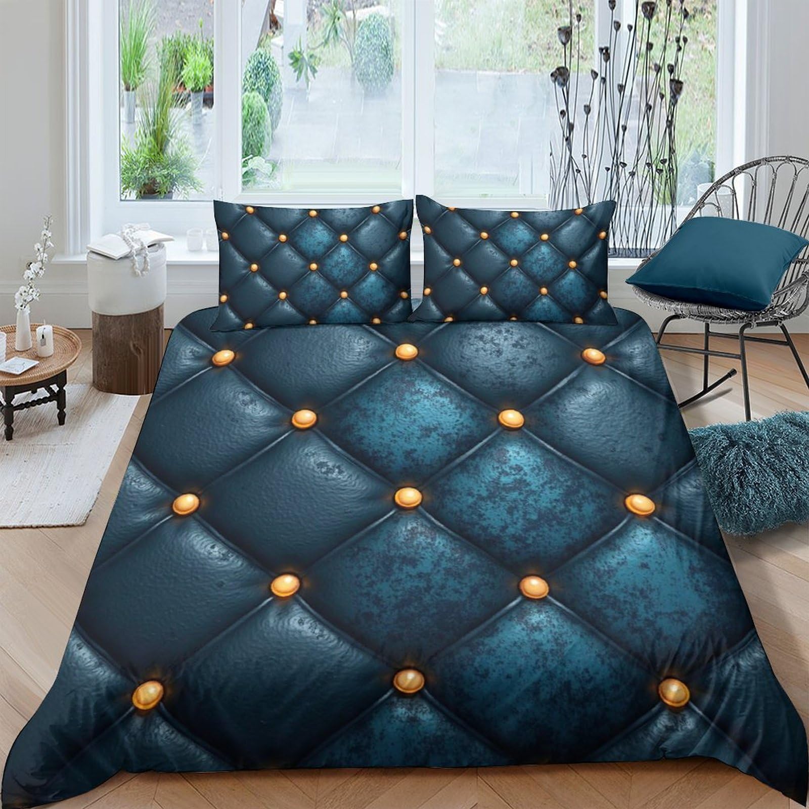 Ctjqhvkz Style-4 3D Printed Deep Blue Button Tufted Fitted Sheet Microfiber Soft Breathable Gold Accent Bed Cover For Bedroom Guest Room Decor Single（135X200cm）