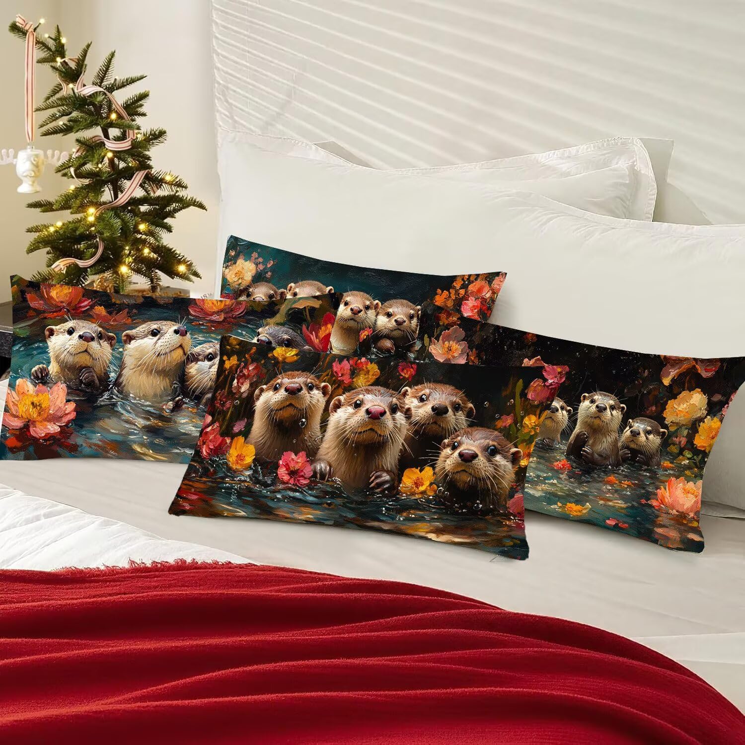 Juego de 4 Rectangular Funda de Cojines Exterior Impermeable Fundas de Almohada Sofa Cojines Terciopelo Decorativos Nutria marina Patrón Decorativos Moderna para Jardín Sofá Silla 40x80cm y-245