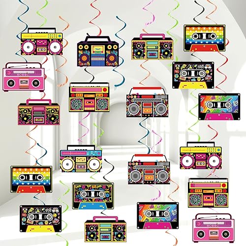 60 espirales colgantes retro Boombox de los años 80 y 90 para fiesta, decoración colgante de cassette, cinta de casete, serpentinas de techo,