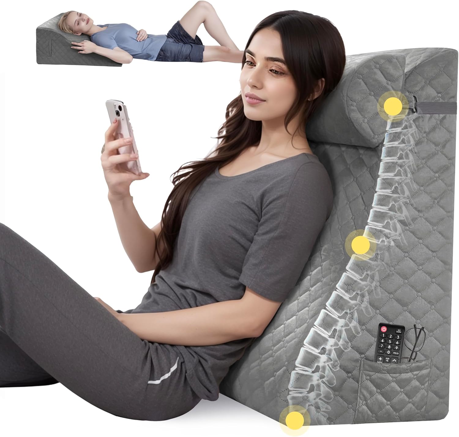 Daneey Reading Pillows for Sitting in Bed Adult Back Pillow for Bed Sitting Up, Back Support Pillow for Bed with Adjustable Roller, Foam Wedge Pillow for Neck, Lumbar, Back, Gray, 20 * 12 * 26IN