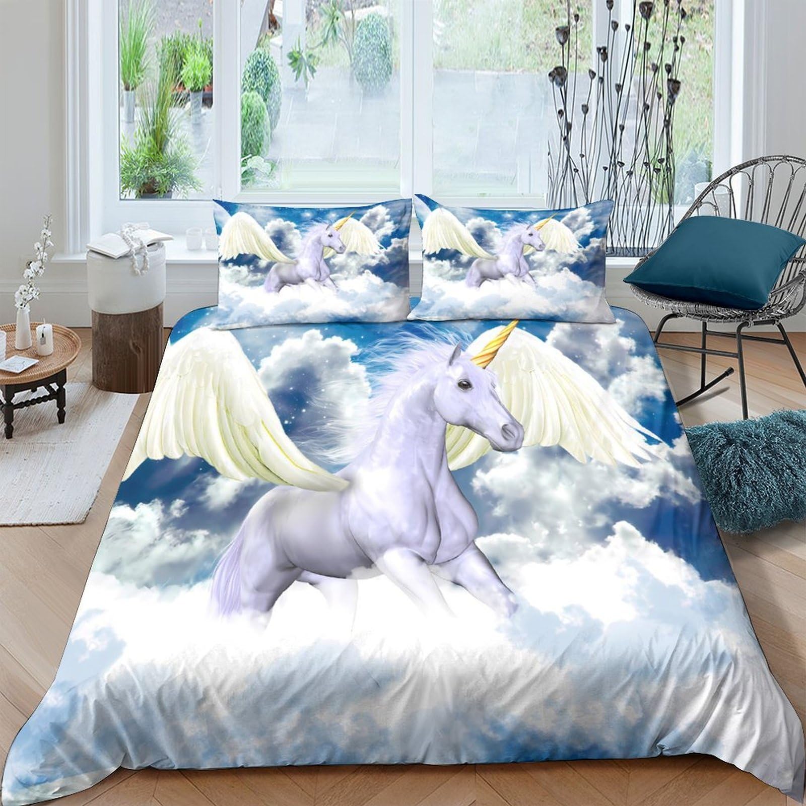 Ctjqhvkz Style-3 3D Printed Unicorn In Clouds Fitted Sheet Microfiber Soft Anti-Slip Bed Sheet Fantasy Winged Horse Mattress Cover Single（135X200cm）