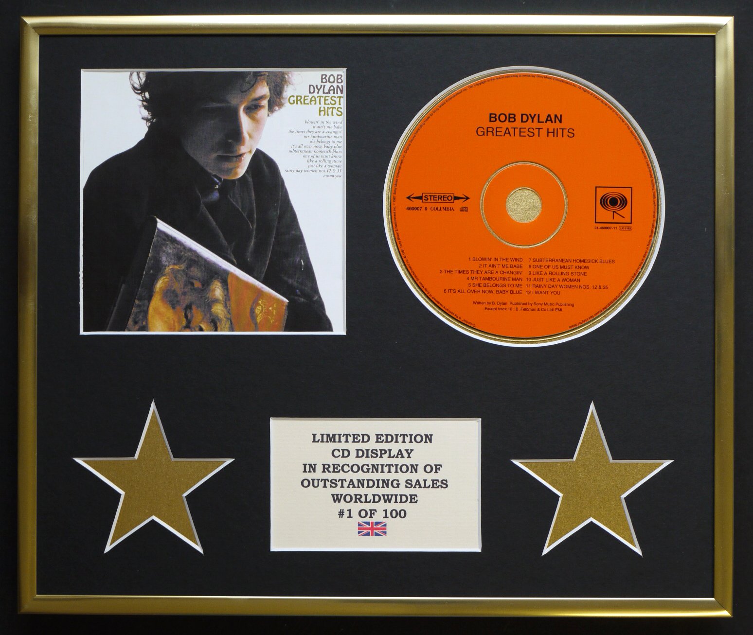 Limited Edition Cd Display Gold Bob Dylan/Cd Display/Limited Edition/Coa/Greatest Hits