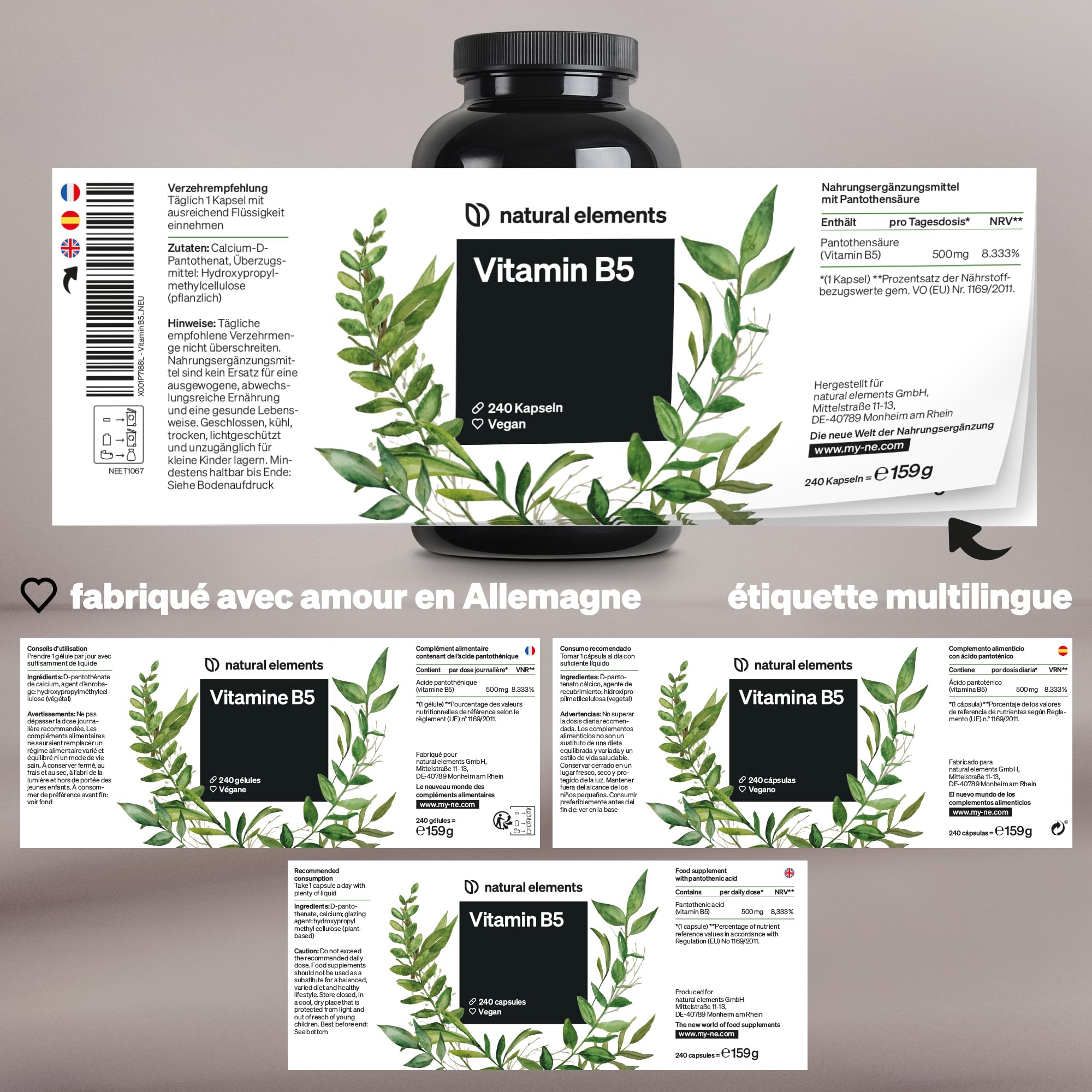 Vitamine B5 – 240 gélules – 500 mg d’acide pantothénique hautement dosé – végane – produit et testé en laboratoire en Allemagne