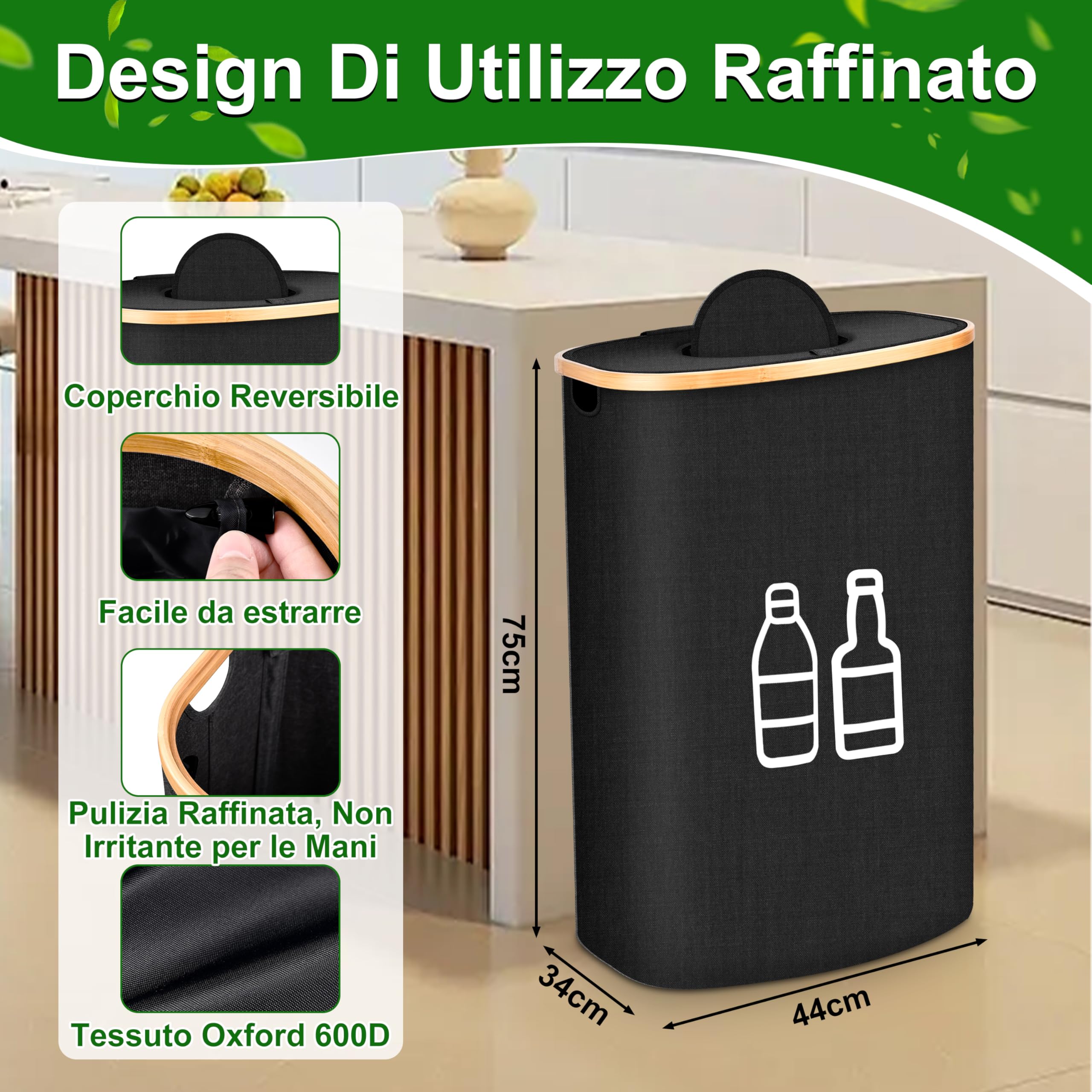 IEEILULU Raccoglitore di Bottiglie, 100L Pattumiera Differenziata per Bottiglia Plastica Bottiglia Vetro, Contenitori Raccolta Differenziata Interno, Bidone Raccolta con Foro per Cucina (Nero, 110L)