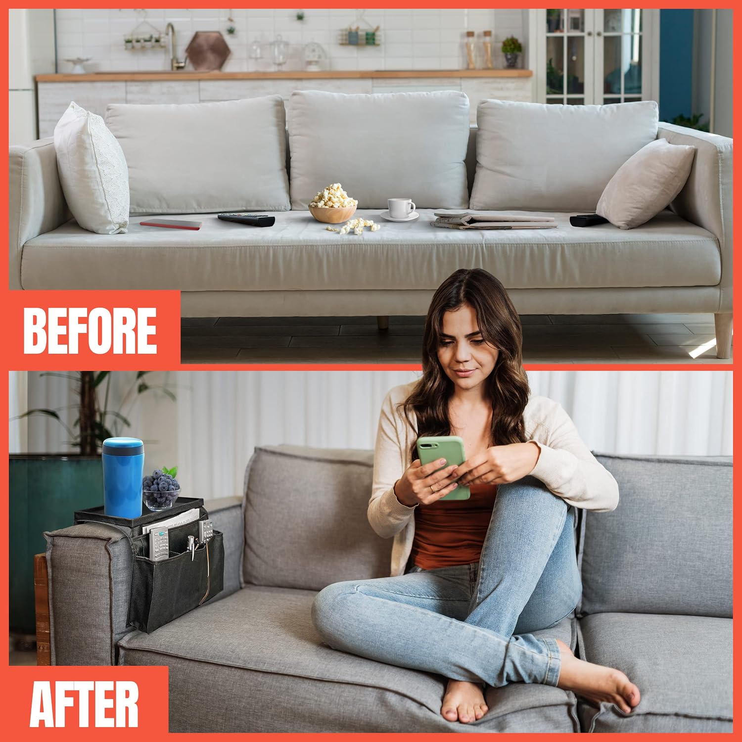 TV Remote Holder Couch Sofa Arm Tray Remote Control Holder Couch Arm Table For Arms 5 to 6 Inches Wide. Couch Arm Caddy, Sofa Armrest Organizer Remote Control Organizer, Remote Caddy With 6 Pockets