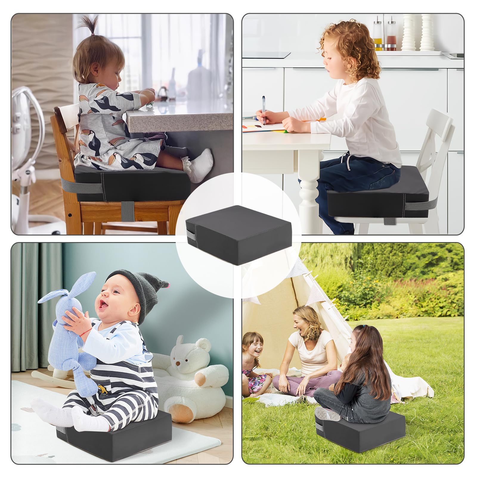 Rehausseur chaise enfant,lavable PU en Polyuréthane Double Ceinture de Sécurité Avec Fond Antidérapant Coussin de Voyage Portable (Gris foncé)