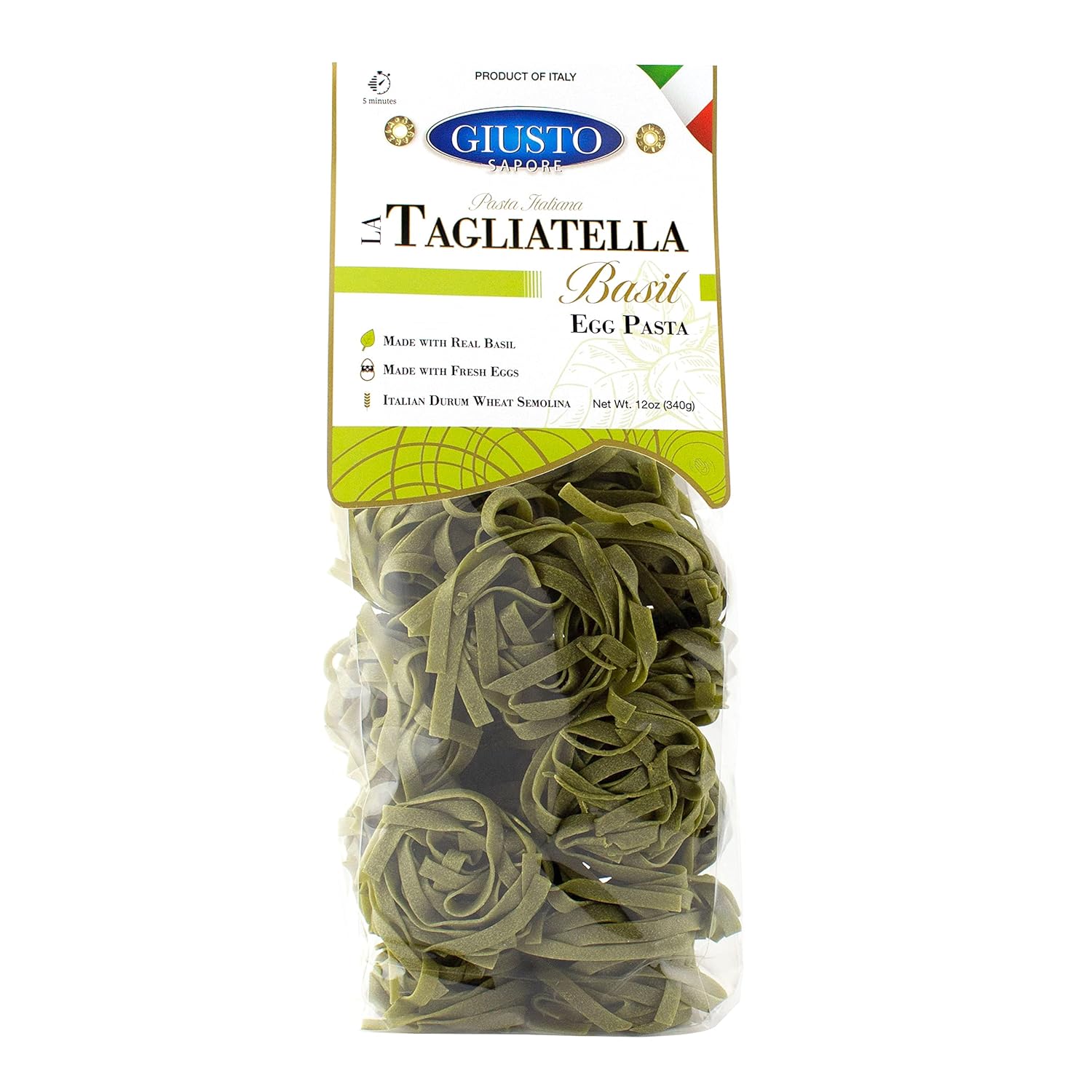 Giusto Sapore Italian Pasta - Egg 340g - Premium Bronze Drawn Durum Wheat Semolina Gourmet Pasta Brand - Imported from Italy and Family Owned (Paglia e Fieno, 6 Pack)