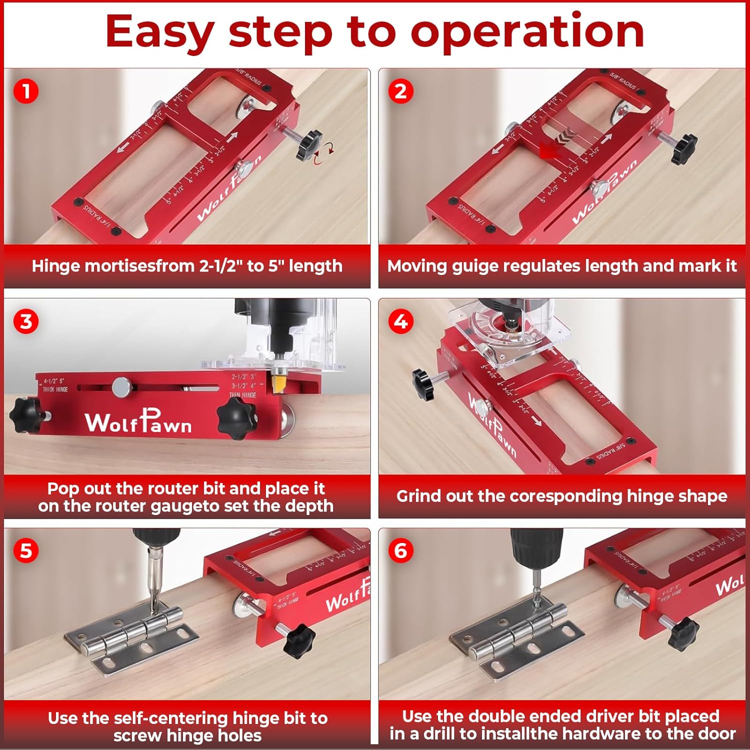 Door Hinge Jig, Adjustable Mortise Jig, Aluminum Alloy Door Hinge Template kit Suitable for Door Hinges with 3" to 5" Length and Types of Square Radius 1/4" or Radius 5/8" (Red)