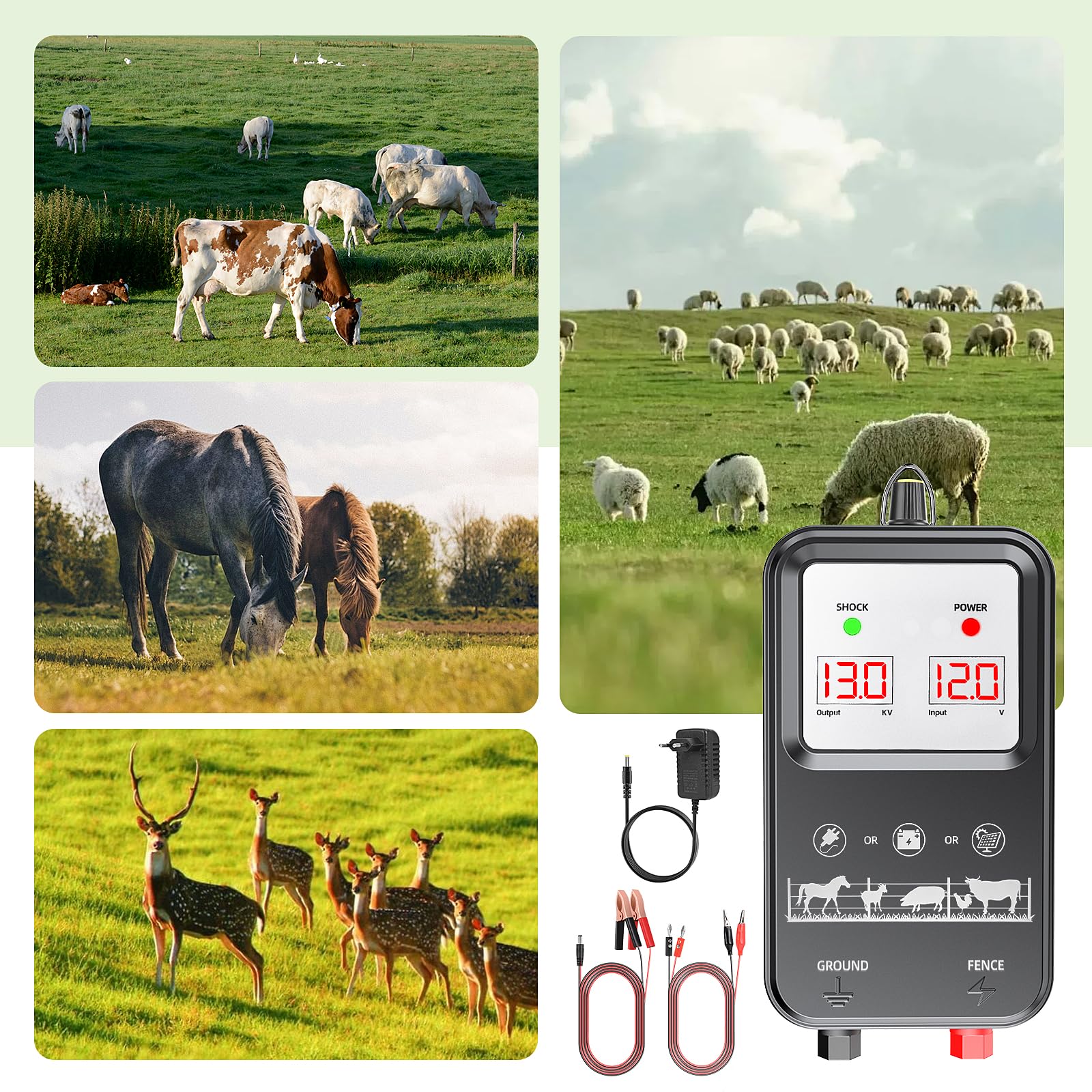 15 KM Cerca Eléctrica para Animales, Voltaje ajustable 7-13KV Energizador de Cerca Eléctrica 2J con Pantalla LCD, Controlador de Pulso de Alto Voltaje, Cerca Eléctrica Segura para Granjas, Pastos