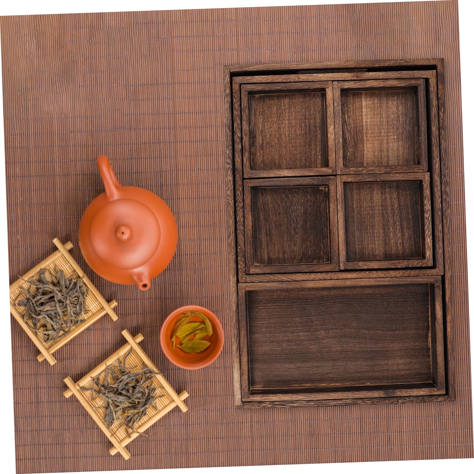Cabilock Bandeja de Té de Madera Rectangular, Juego Compartimentos | Diseño Simple, Superficie Lisa E, Biodegradable, Formato de Inicio para Vajilla y Servicio