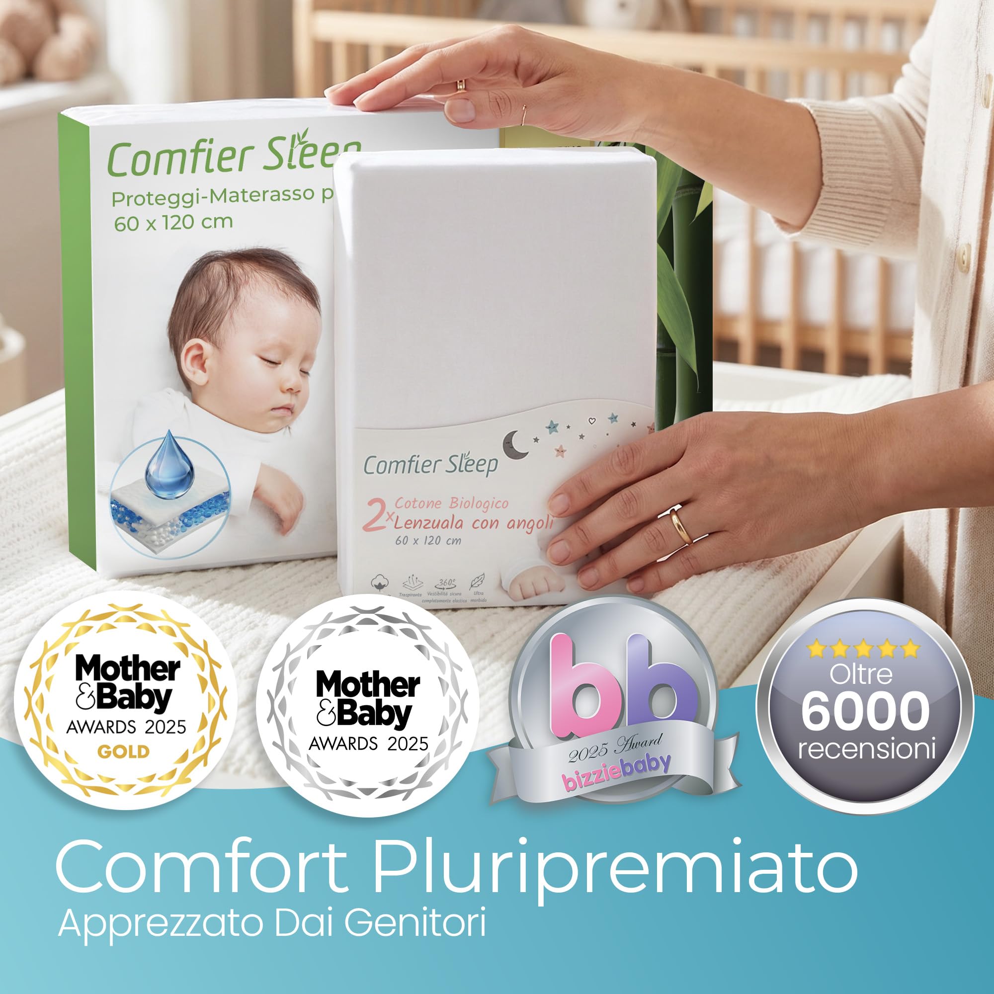 Comfier Sleep Set 3 Pezzi Con 2 Lenzuola Lettino Neonato 60x120 100% Cotone Con Angoli Biologico e 1 Coprimaterasso Lettino 60x120 100% Bambù Impermeabile, Bianco
