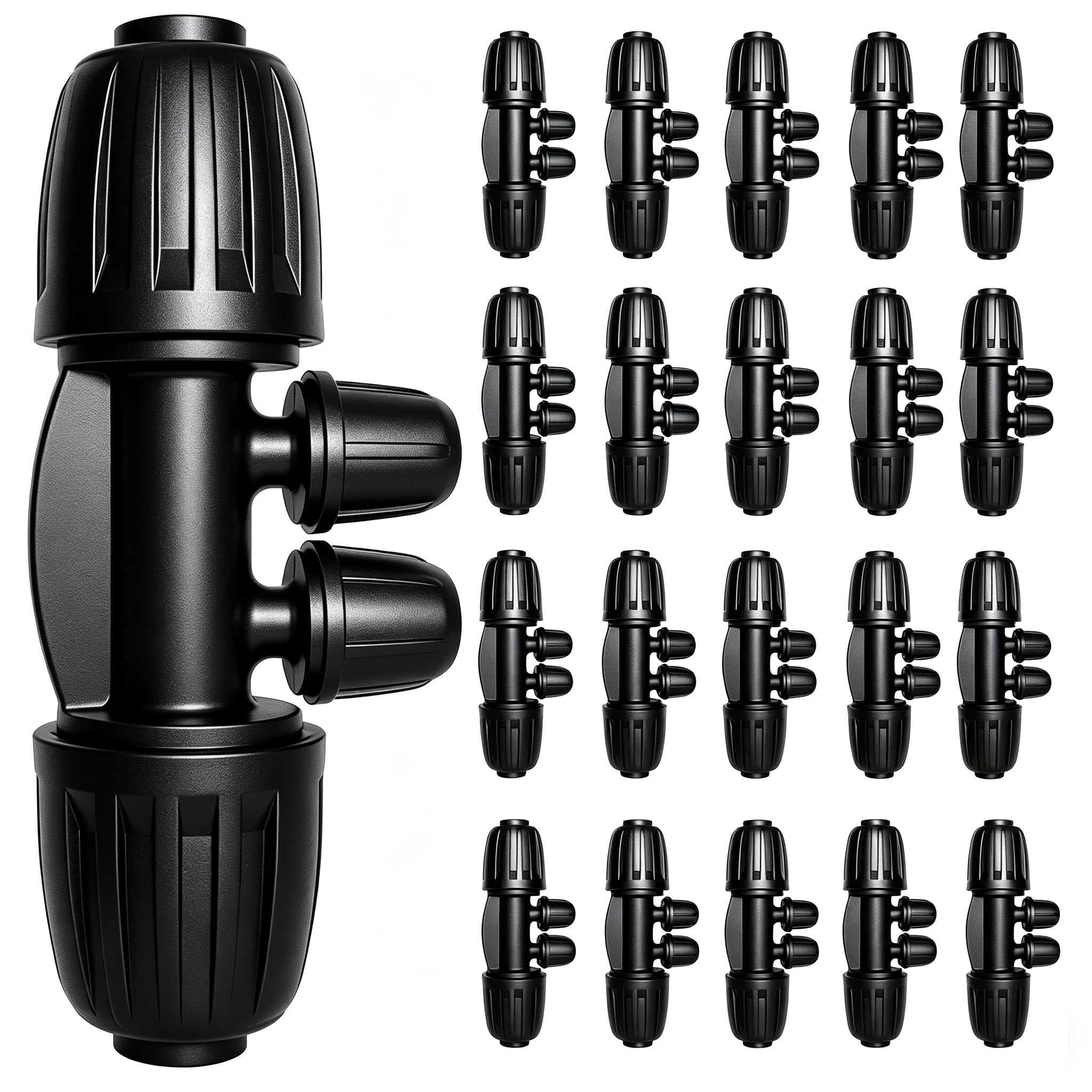 Raccordi per irrigazione a goccia da 1/2 a 1/4, 20 raccordi per tubi di irrigazione da 1/2" (ID 1/2" x 0,6-1,6 cm OD), 4 vie anti-perdite bloccato a T spinato, connettori per tubi di irrigazione a