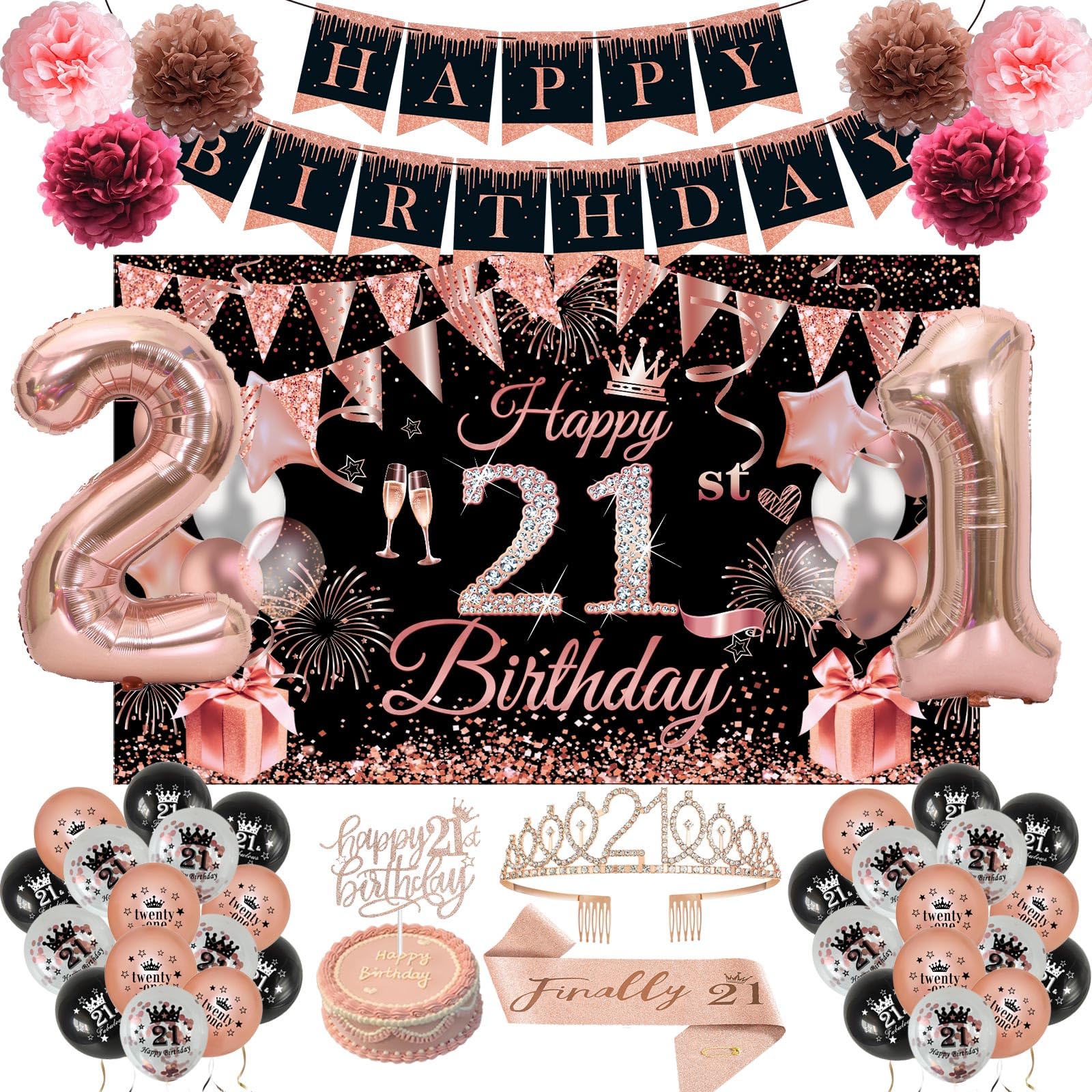Happy 21st Birthday Decorations for Her, 21 Years Old Decor for Women | Black Rose Gold Happy Birthday Party Decor Include Sash and Crown, Balloons, Banner, Backdrop