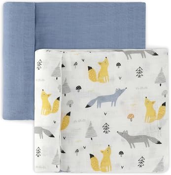 FeatherheadTM 100% Cotton Muslin Swaddle Blankets for Baby Boy - Large 47x 47 - Pre-Washed, Soft, Breathable - Newborn Essential & Perfect Baby Registry Gift 2 Pack - Blue Foxes