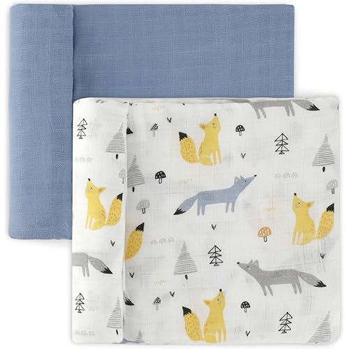 Featherhead™ 100% Cotton Muslin Swaddle Blankets for Baby Boy - Large 47”x 47” - Pre-Washed, Soft, & Breathable - Newborn Essential & Perfect Baby Registry Gift (2 Pack - Blue Foxes)