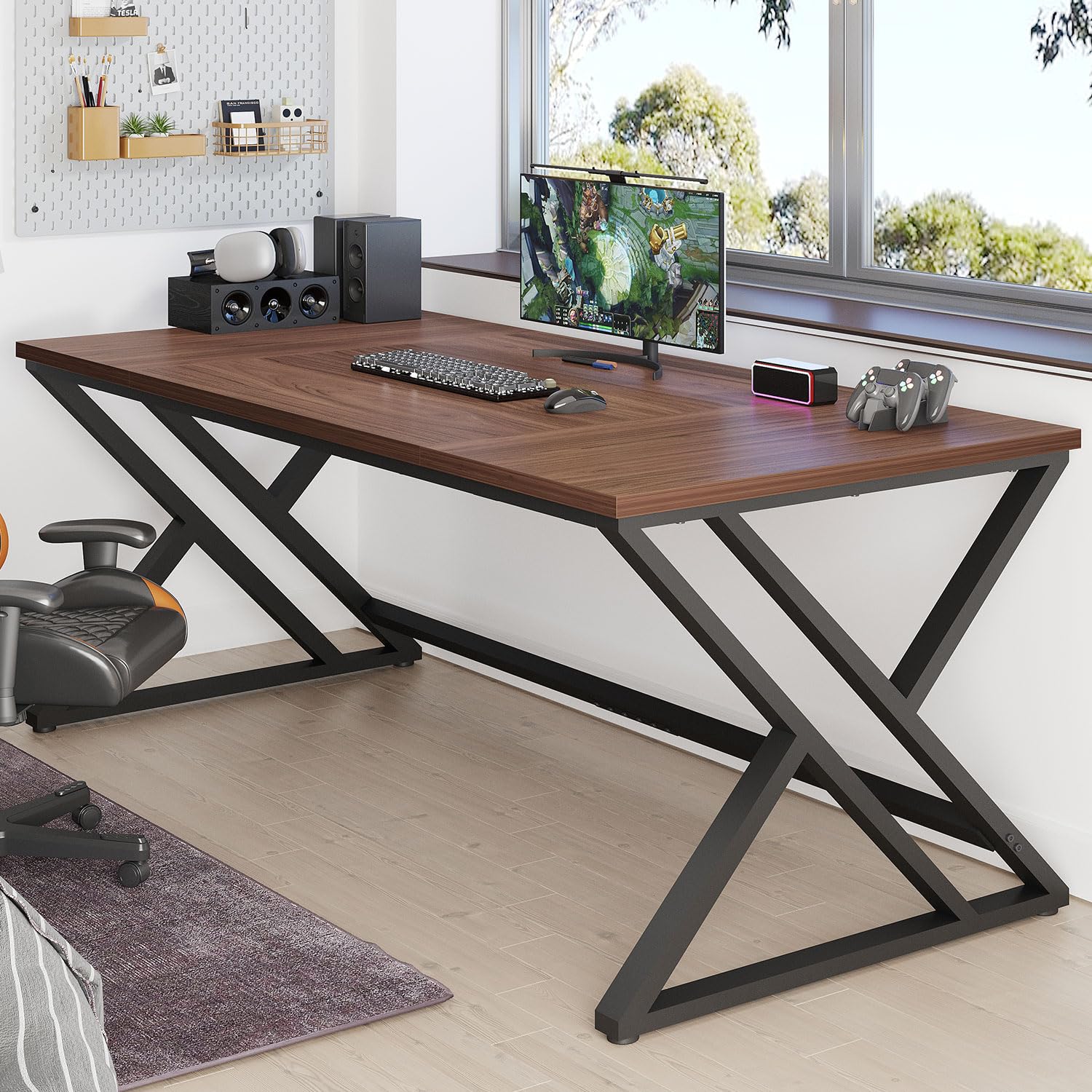 LVB Scrivania grande per computer, scrivania da ufficio, per casa, ufficio, studio, gaming, PC, tavolo in legno, metallo, mobili da ufficio, design industriale, grigio scuro, 180 x 80 x 75 cm