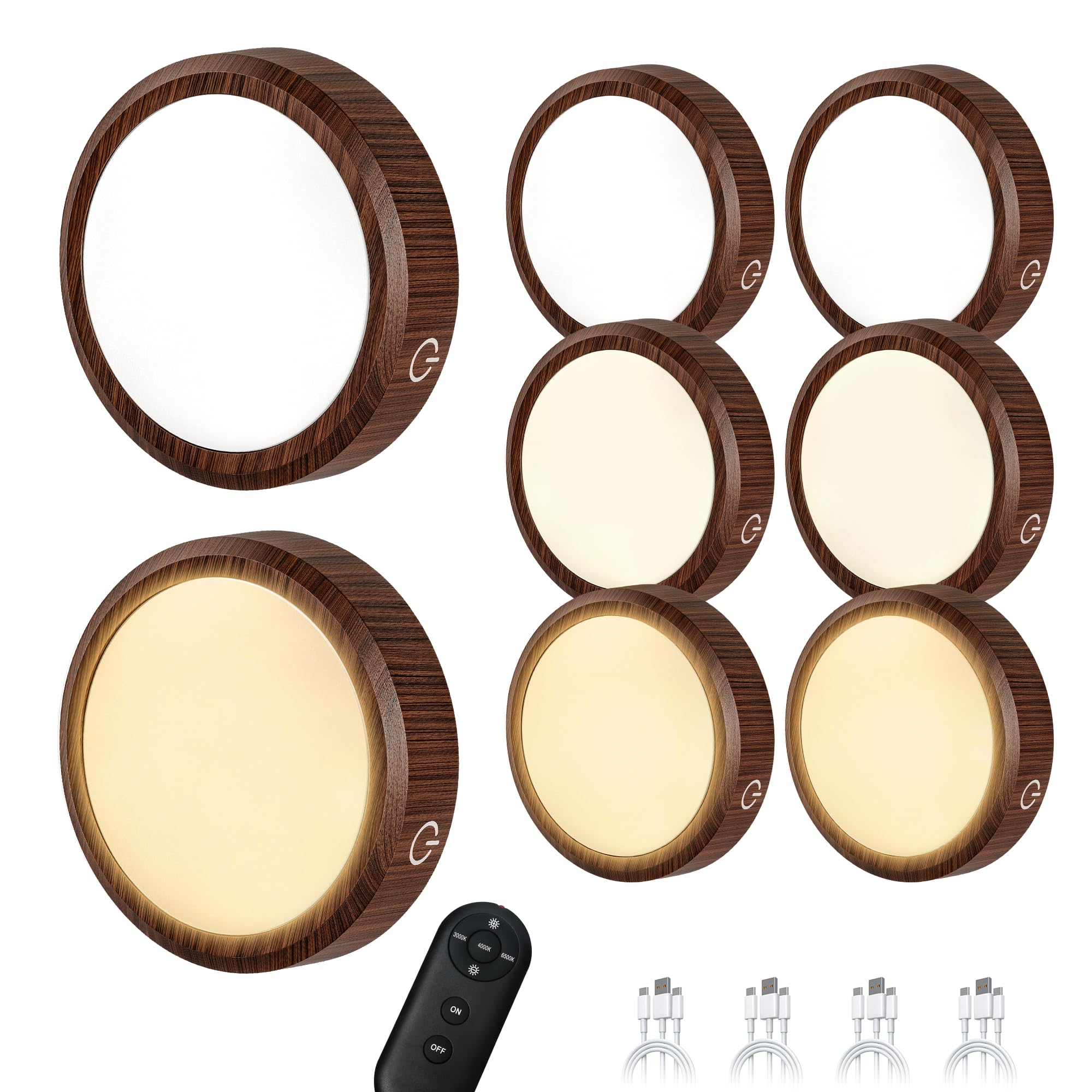 Wiederaufladbare Puck-Leuchten mit Fernbedienung, in 3 Farbtemperaturen dimmbar, Klebelichter mit Berührungssensor für Küche, Arbeitsplatte, Schrank und Regal – Holzoptik, 8er-Pack
