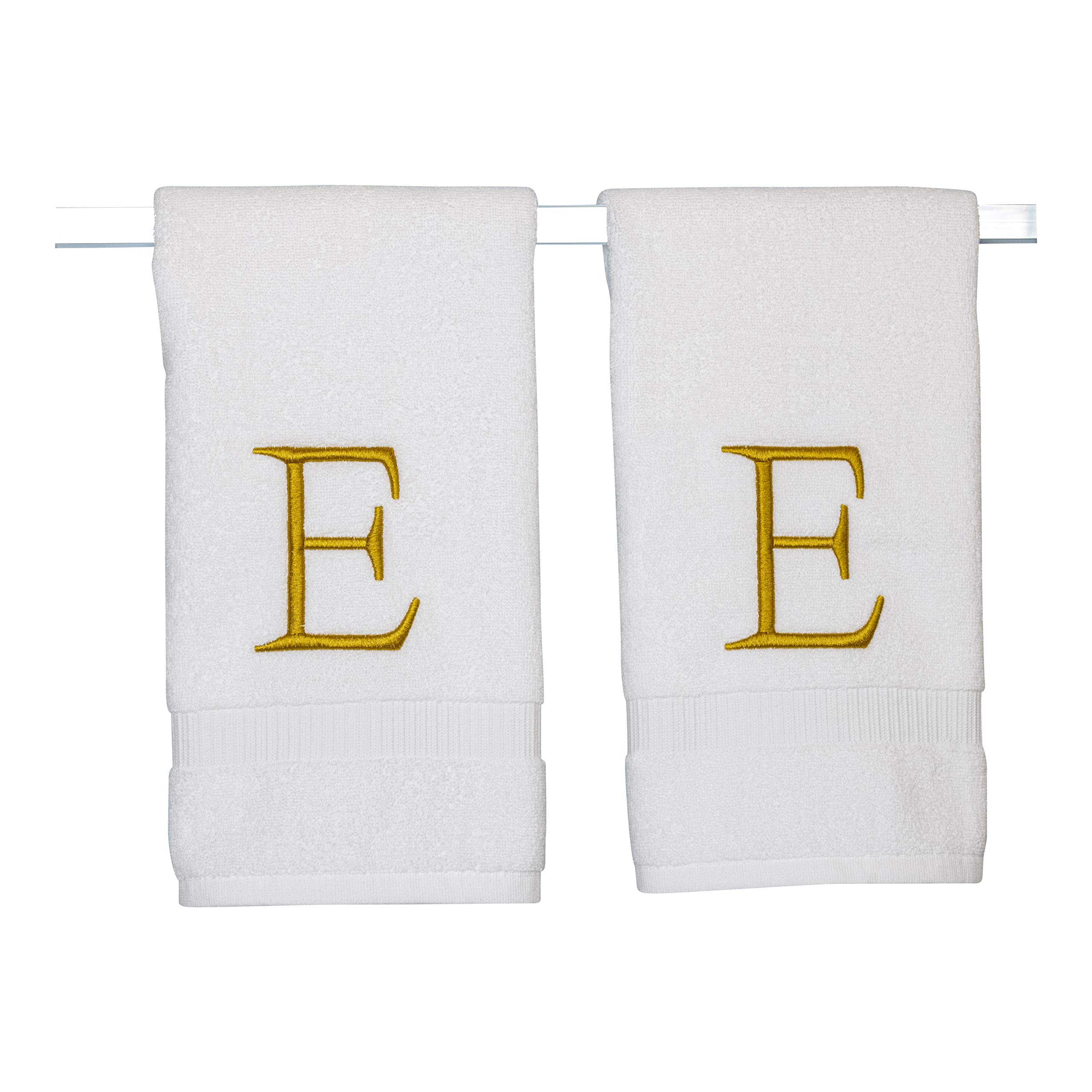 White with Gold Monogrammed Hand Towels for Bathroom - Set of 2 Letter E