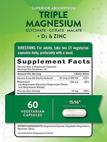 Miniatura 2 de Nature's Truth Suplemento triple de complejo de magnesio  60 cápsulas  glicinato, citrato y malato  con D3 y zinc  Vegetariano, sin OMG y sin gluten