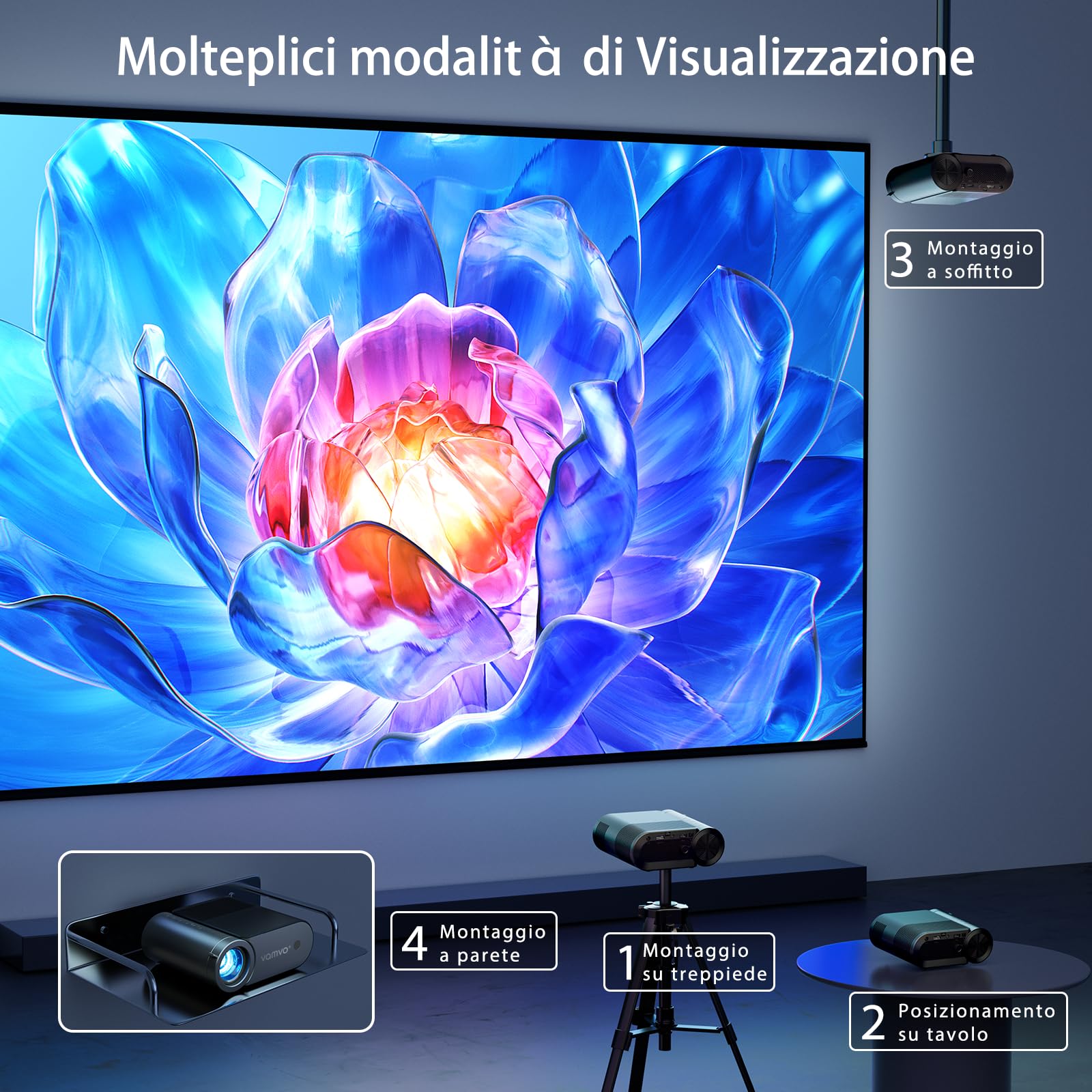 Vamvo Proiettore portatile, Videoproiettore WiFi 1080P 200” Movie Projector, Proiettore all'aperto con design elegante e snello, compatibile con telefono/tablet/laptop/TV Stick