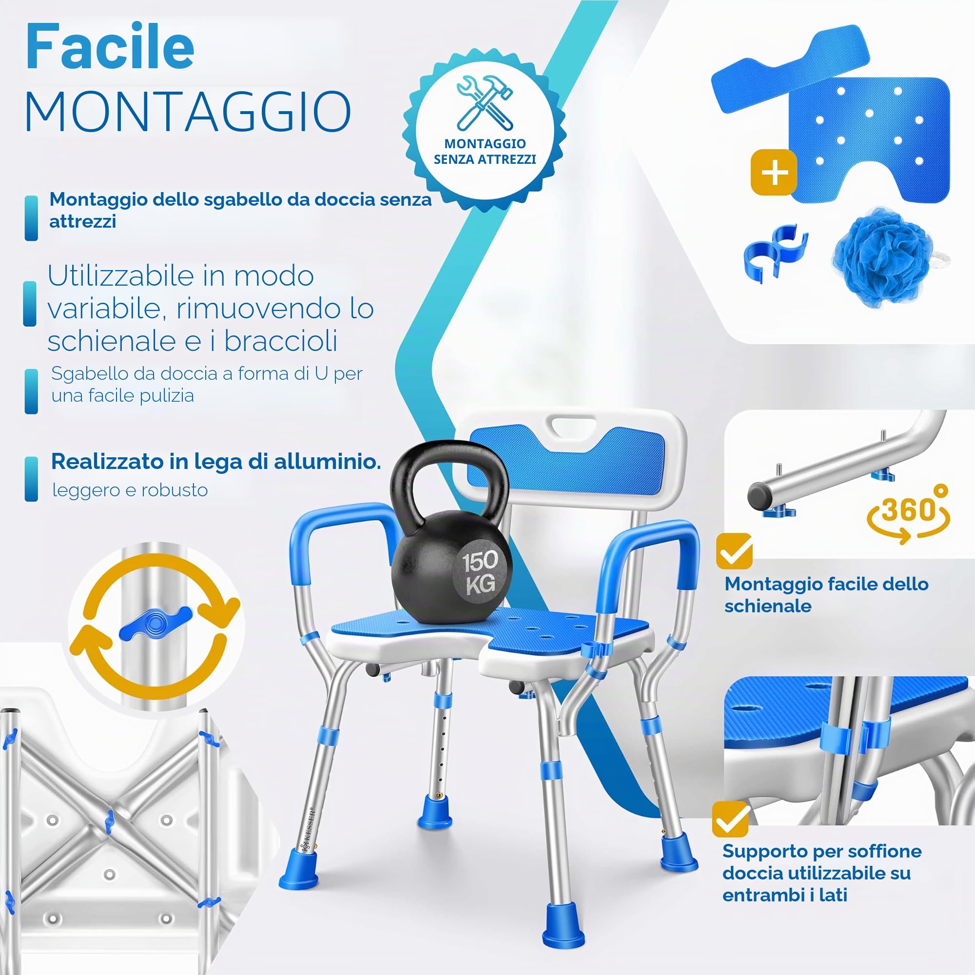 KESSER® Sgabello da doccia con schienale per anziani e sedia da doccia in gravidanza, portata 150 kg, 6 livelli, altezza regolabile 38-54 cm, con piedini antiscivolo, tappetini e supporto per doccia