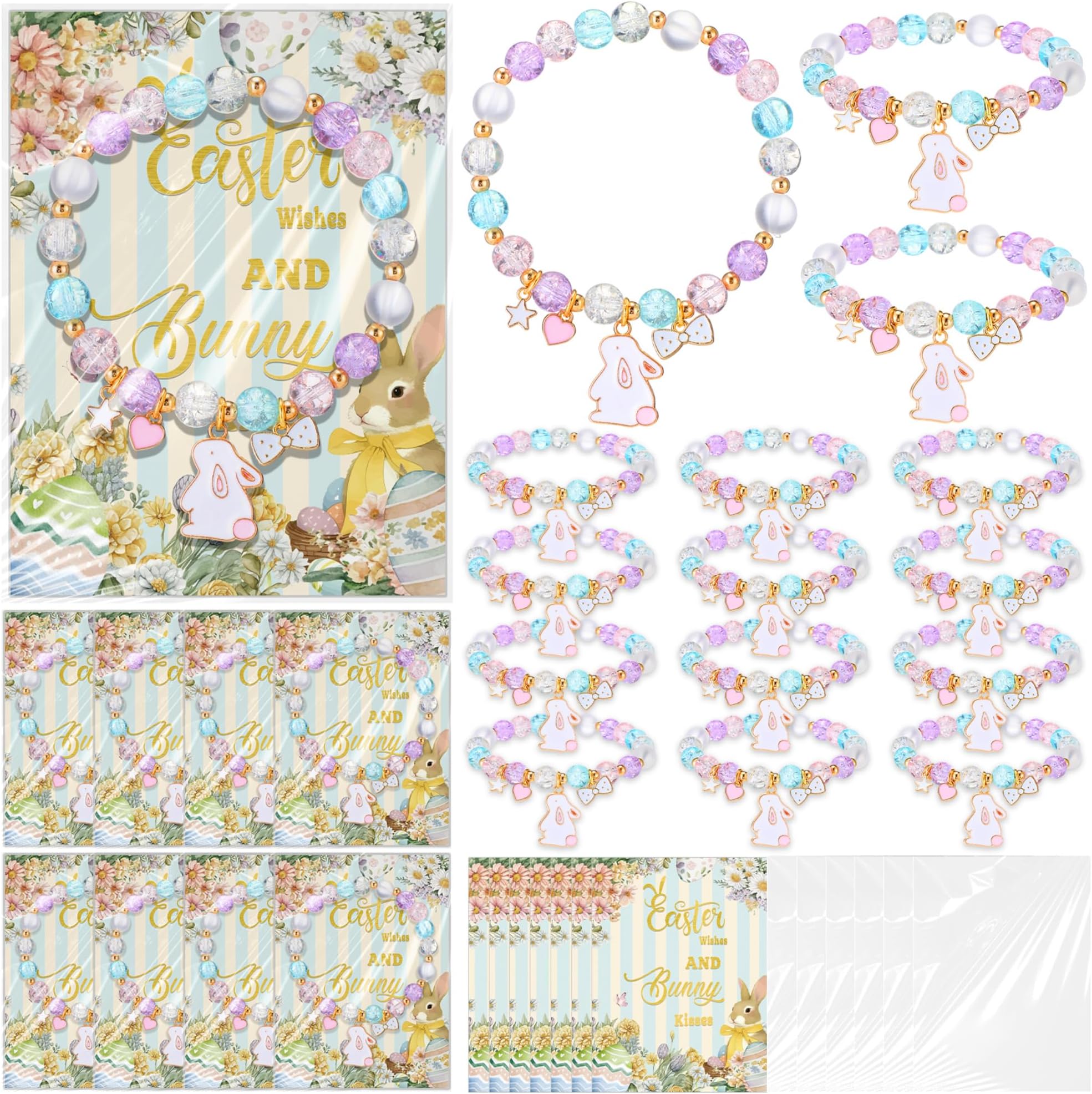 Tondiamo 12/24 Sets Easter Beaded Bracelets Gifts Easter Basket Stuffers Colorful Bunny Charm Stretch Jewelry Bracelets with Cards Transparent Bags Spring Gifts for Women Party Favor Birthday