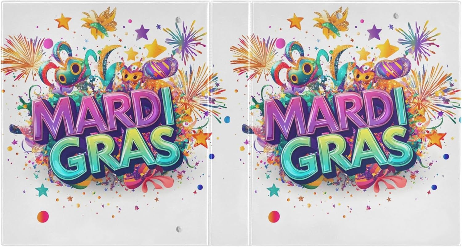 Mardi Gras Theme 3 Ring Binders, 1.5” Round Ring Binders with Clipboard - Letter Size, 3 Interior PVC Clear Pockets & Anti-Slip Clip for Office School Supplies, 2PCS
