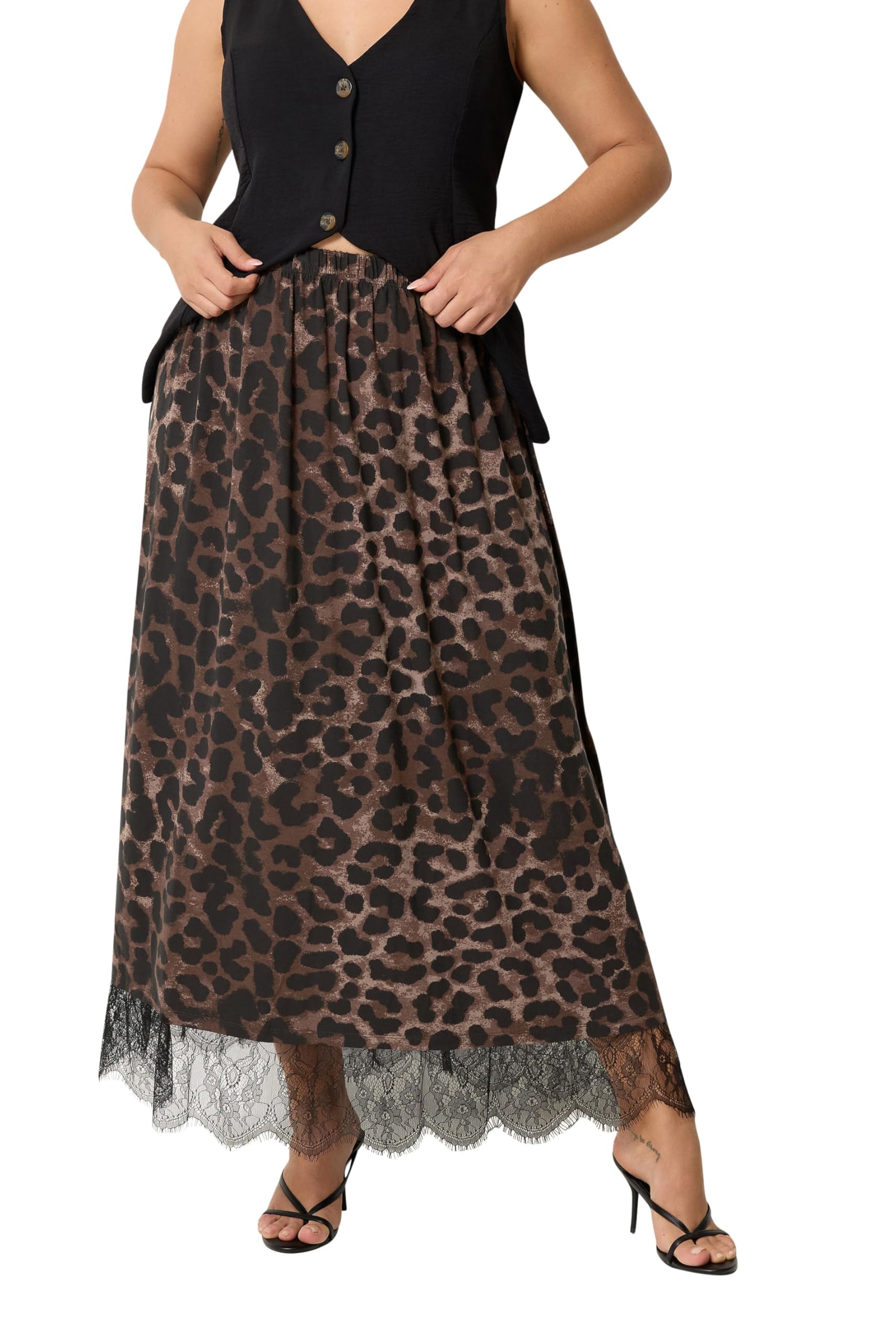 Yours Women's Chocolate Leopard Lace Trim Skirt In Size 22-24