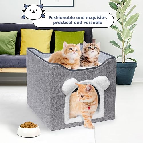 Miniatura 7 de Cama grande para gatos, cama plegable para gatos, camas para gatos de interior con almohadilla para rascar gatos y bola esponjosa para colgar en