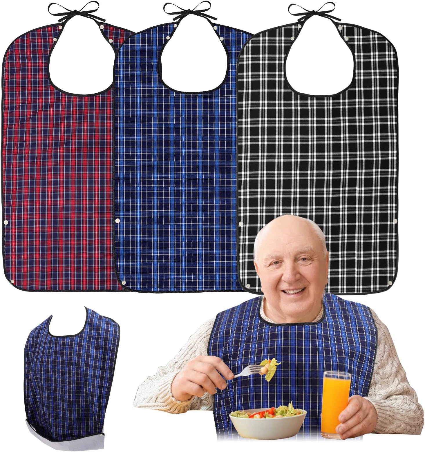 Adult Bibs, 3 Pcs Washable Clothing Protector with Crumb Catcher for Eating, Reusable Waterproof Large Adult Feeding Bibs with Snaps for Elderly Senior Women Men, Black & Red & Blue