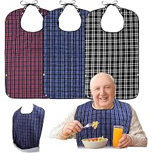 Roylvan Adult Bibs, 3 Pcs Washable Clothing Protector with Crumb Catcher for Eating, Reusable Waterproof Large Adult Feeding Bibs with Snaps for Elderly Senior Women Men, Black & Red & Blue