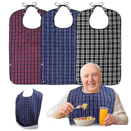 Baberos para adultos, 3 piezas, protectores de ropa lavables con recogedor de migas para comer, baberos para adultos grandes impermeables